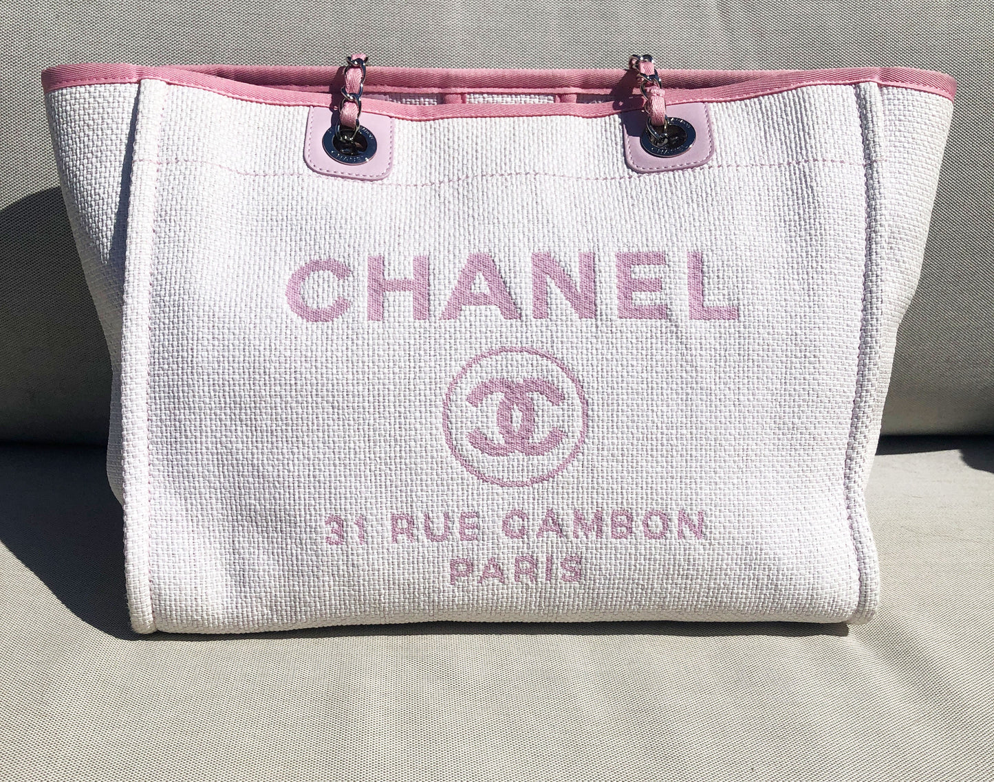 Sac Cabas Deauville en raphia rose et blanc - Soline