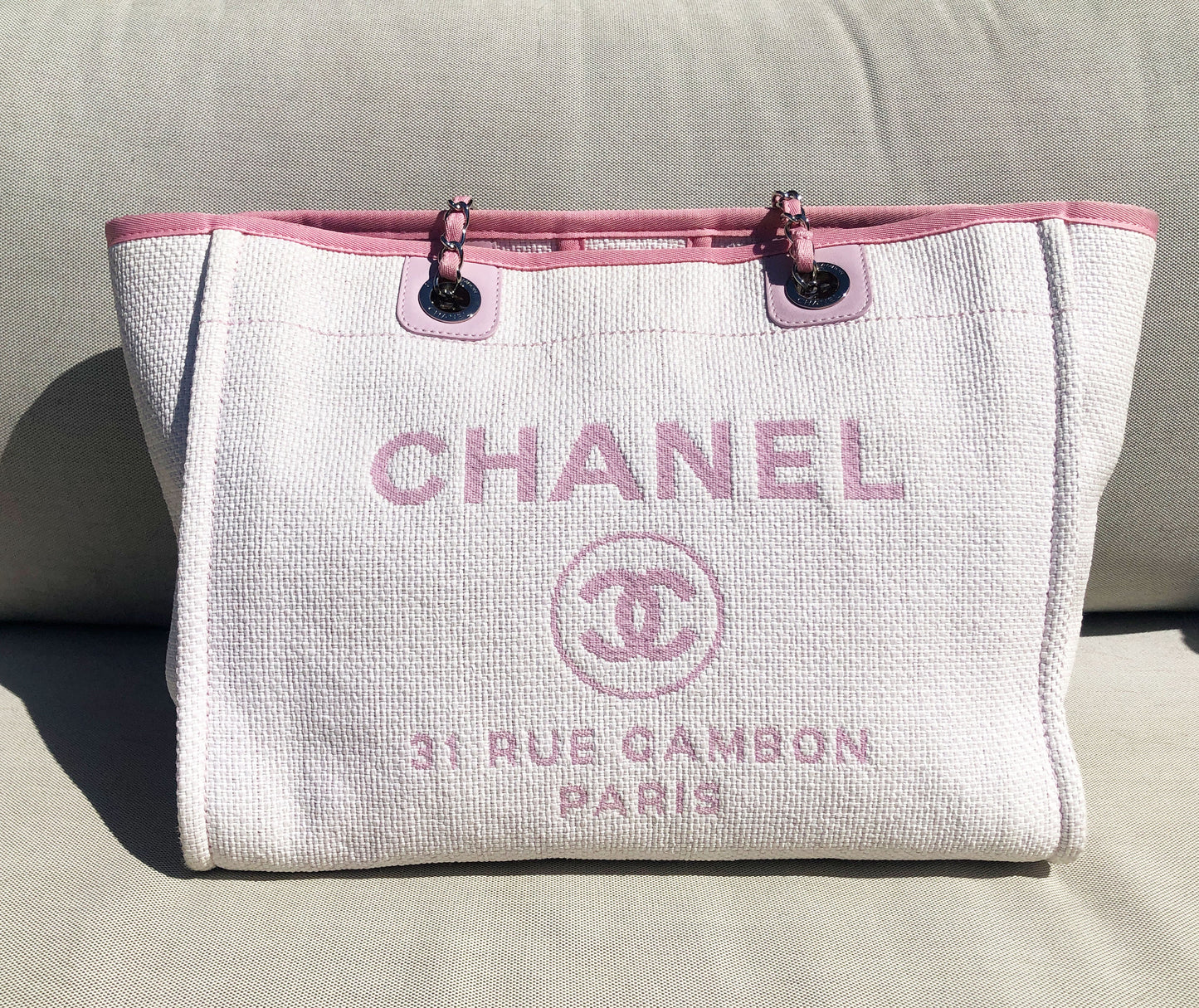 Sac Cabas Deauville en raphia rose et blanc - Soline