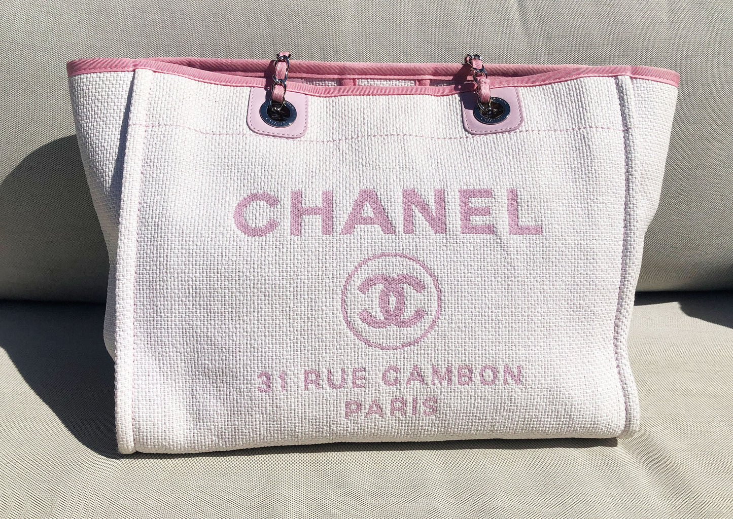 Sac Cabas Deauville en raphia rose et blanc - Soline