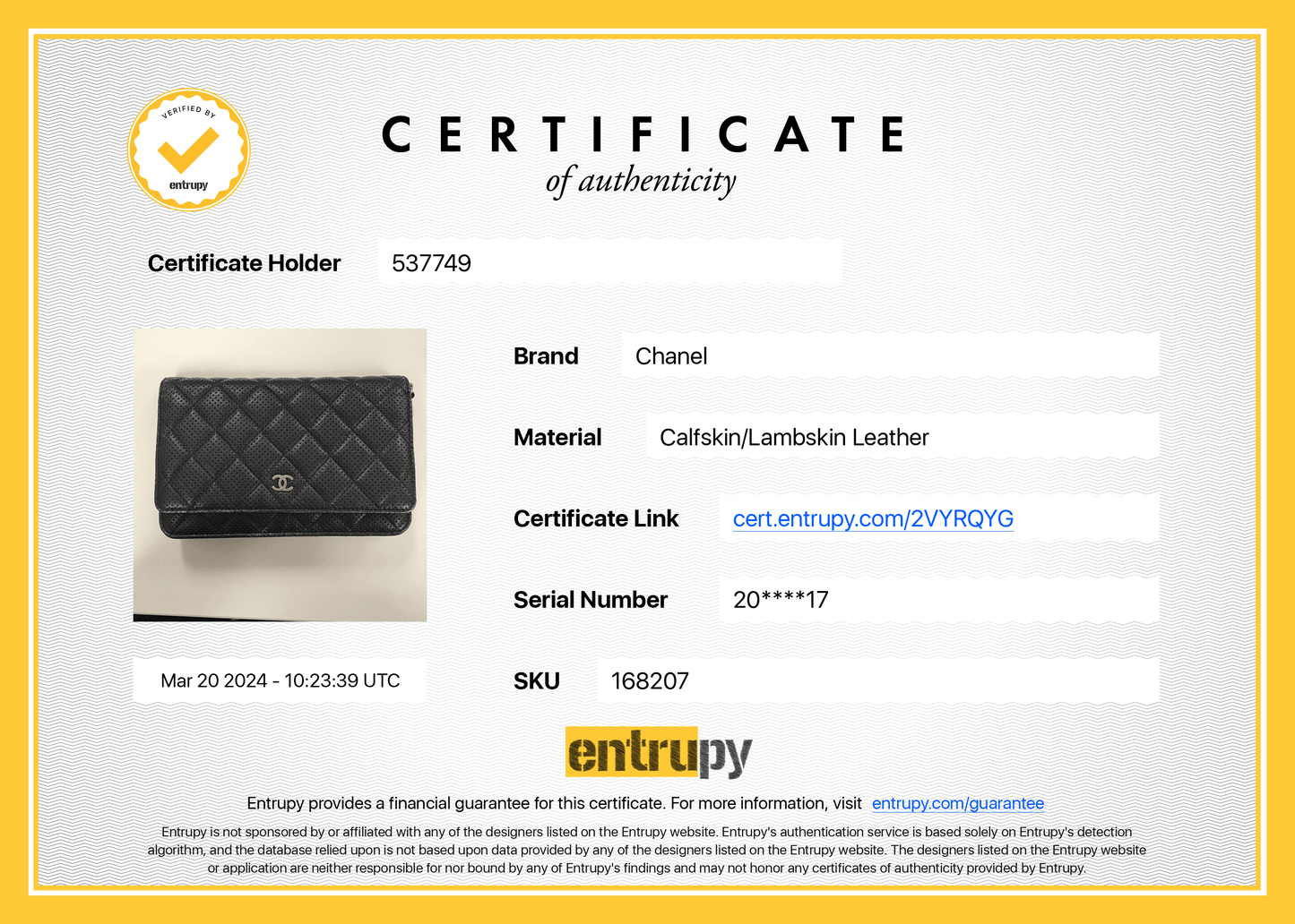 Sac Chanel bandoulière wallet on chain (woc) en cuir perforé noir et argenté - Soline