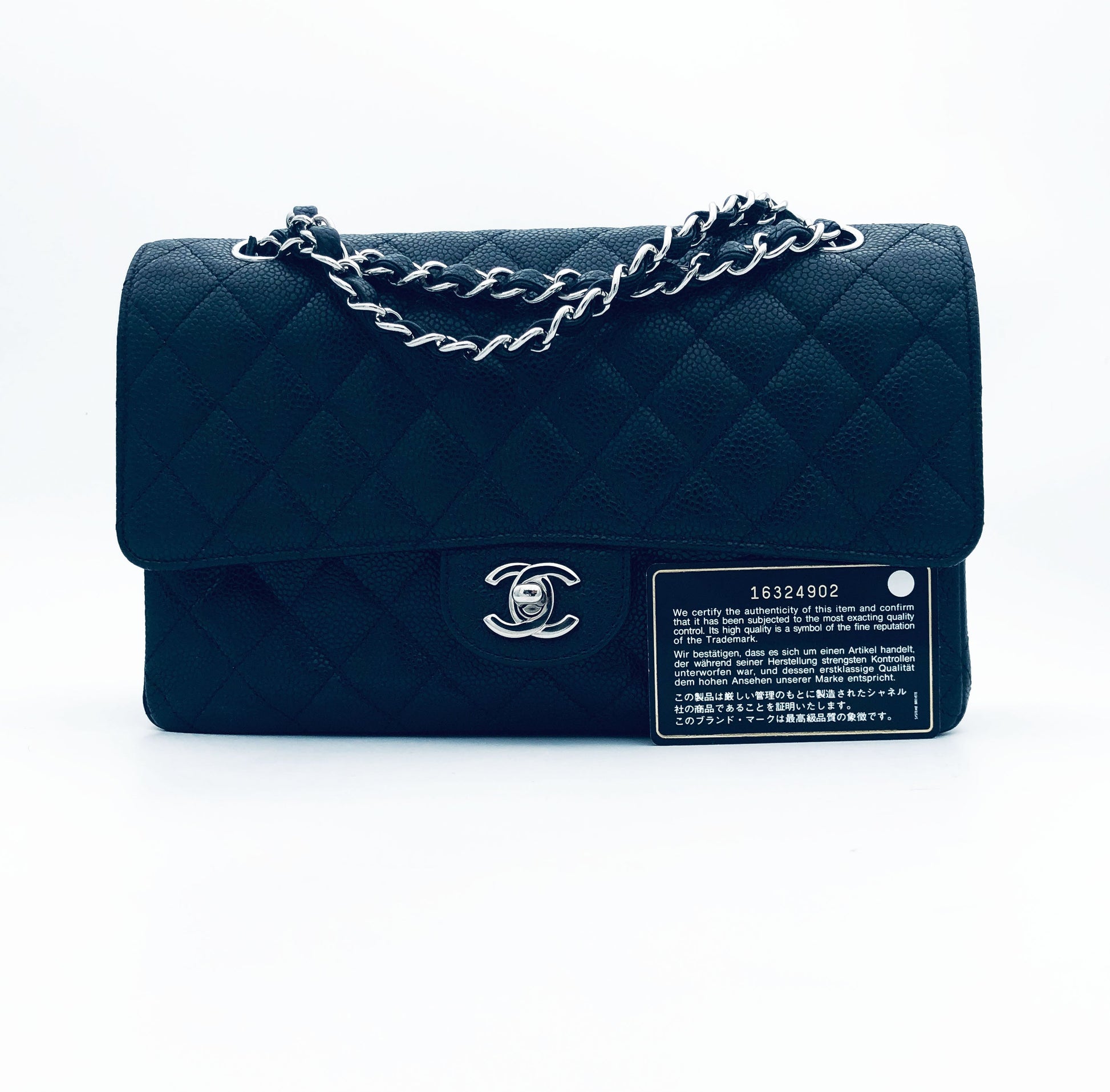 Sac Chanel Classique en cuir caviar noir & métal argenté - Soline