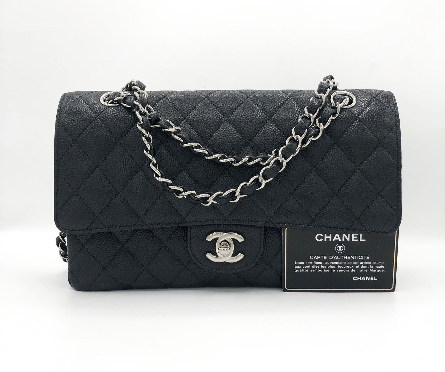 Sac Chanel Classique en cuir caviar noir & métal argenté - Soline