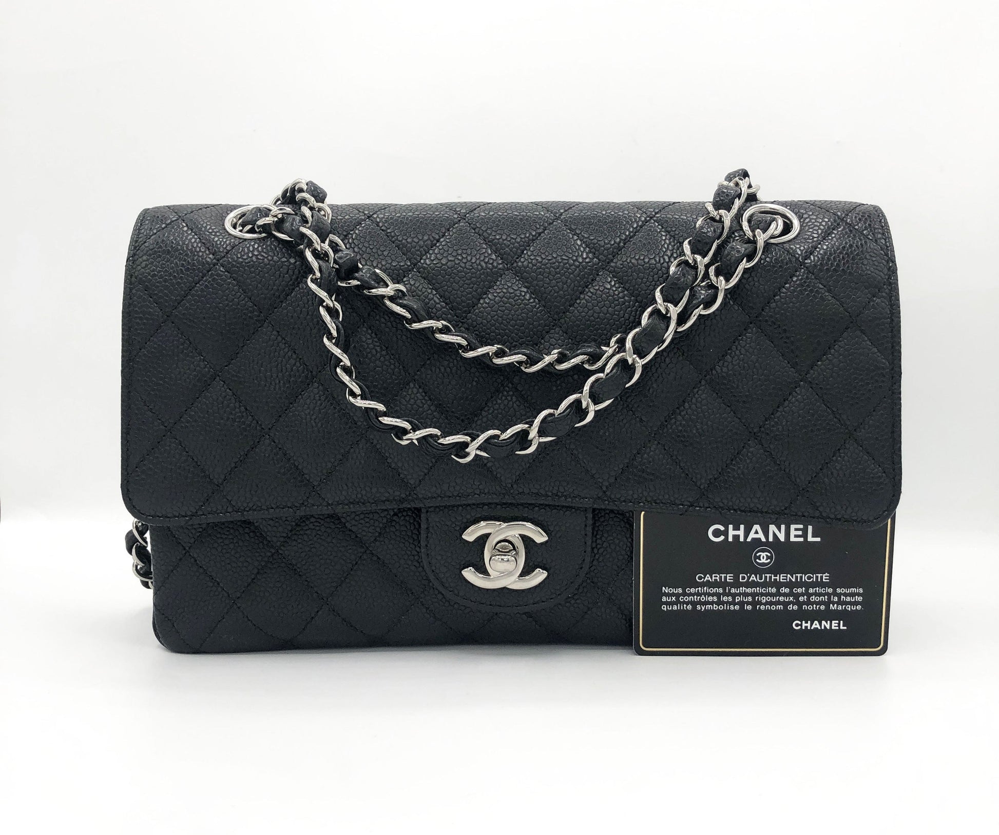 Sac Chanel Classique en cuir caviar noir & métal argenté - Soline