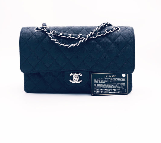 Sac Chanel Classique en cuir caviar noir & métal argenté - Soline
