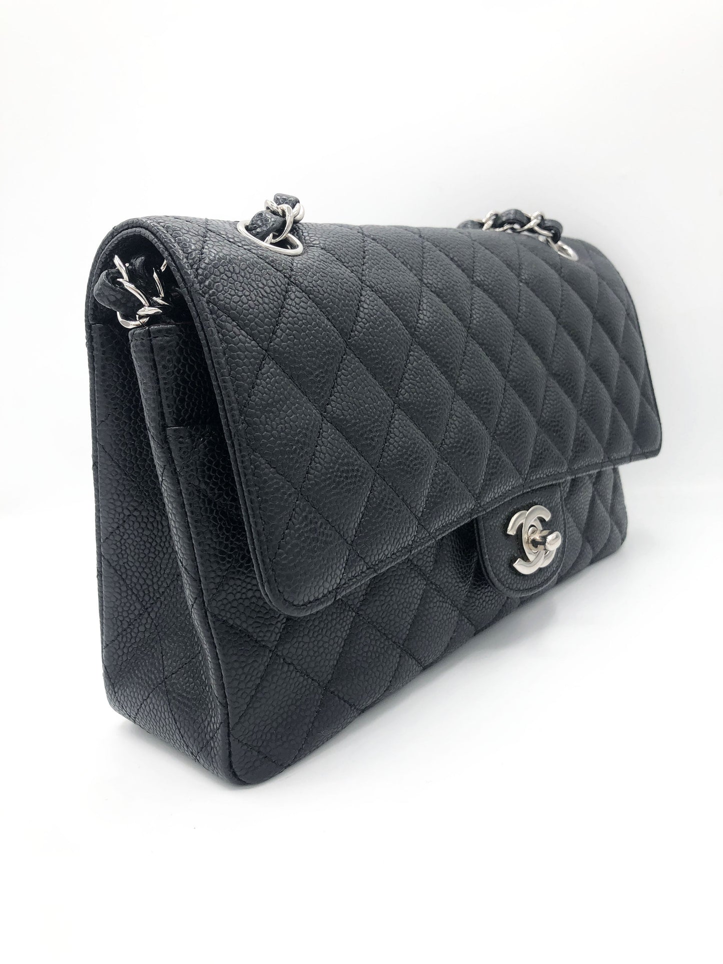 Sac Chanel Classique en cuir caviar noir & métal argenté - Soline