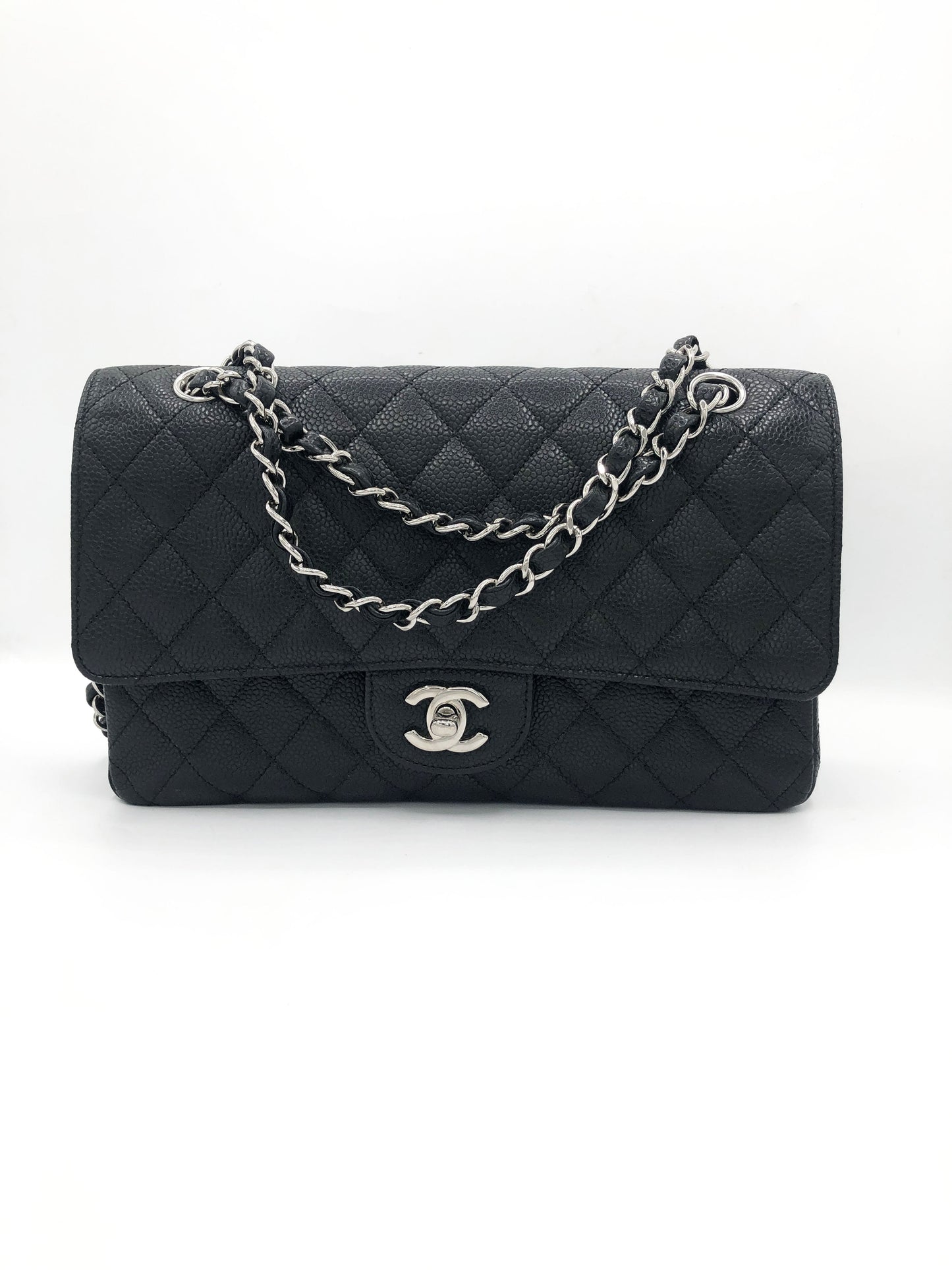 Sac Chanel Classique en cuir caviar noir & métal argenté - Soline