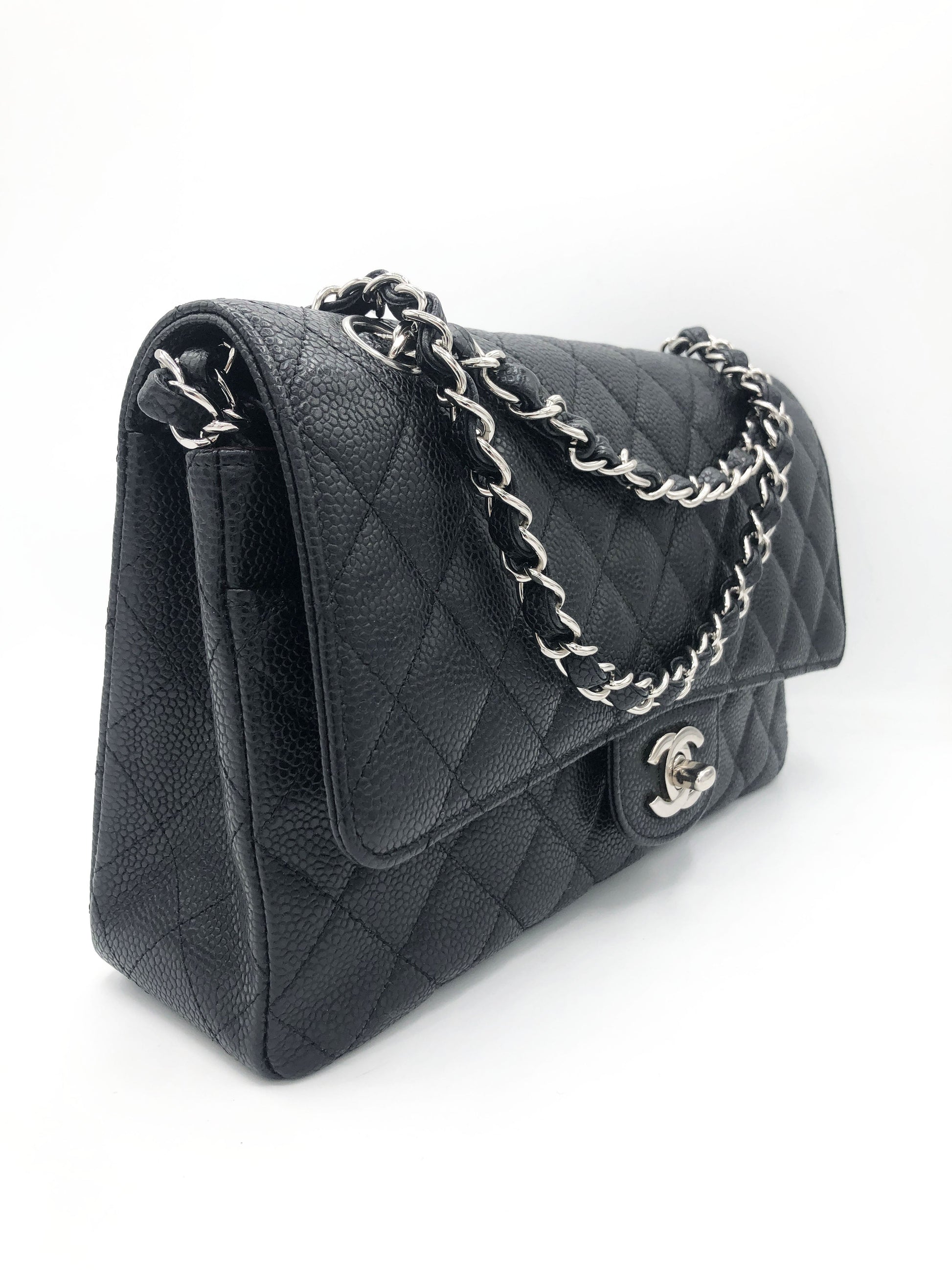Sac Chanel Classique en cuir caviar noir & métal argenté - Soline