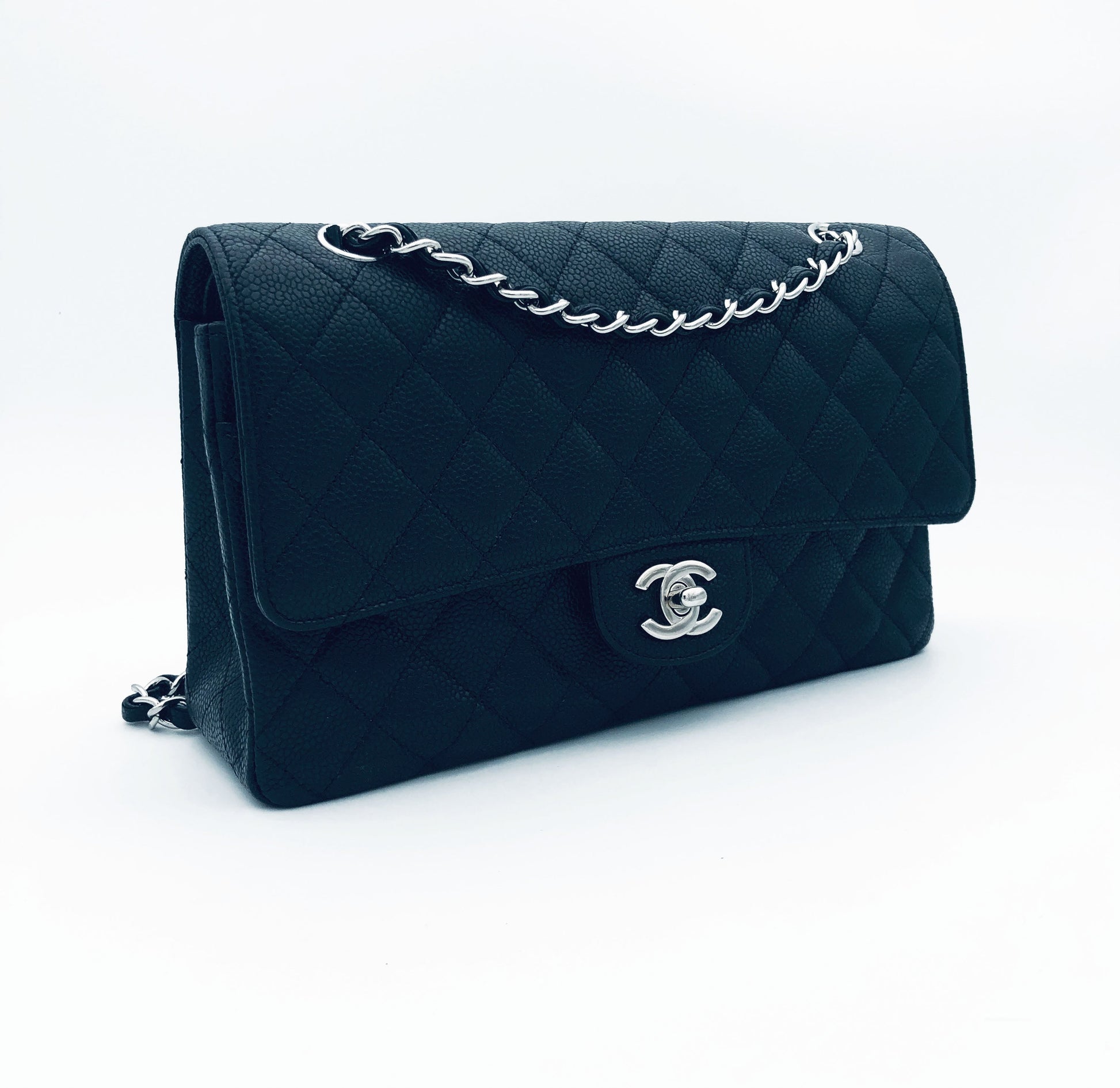 Sac Chanel Classique en cuir caviar noir & métal argenté - Soline