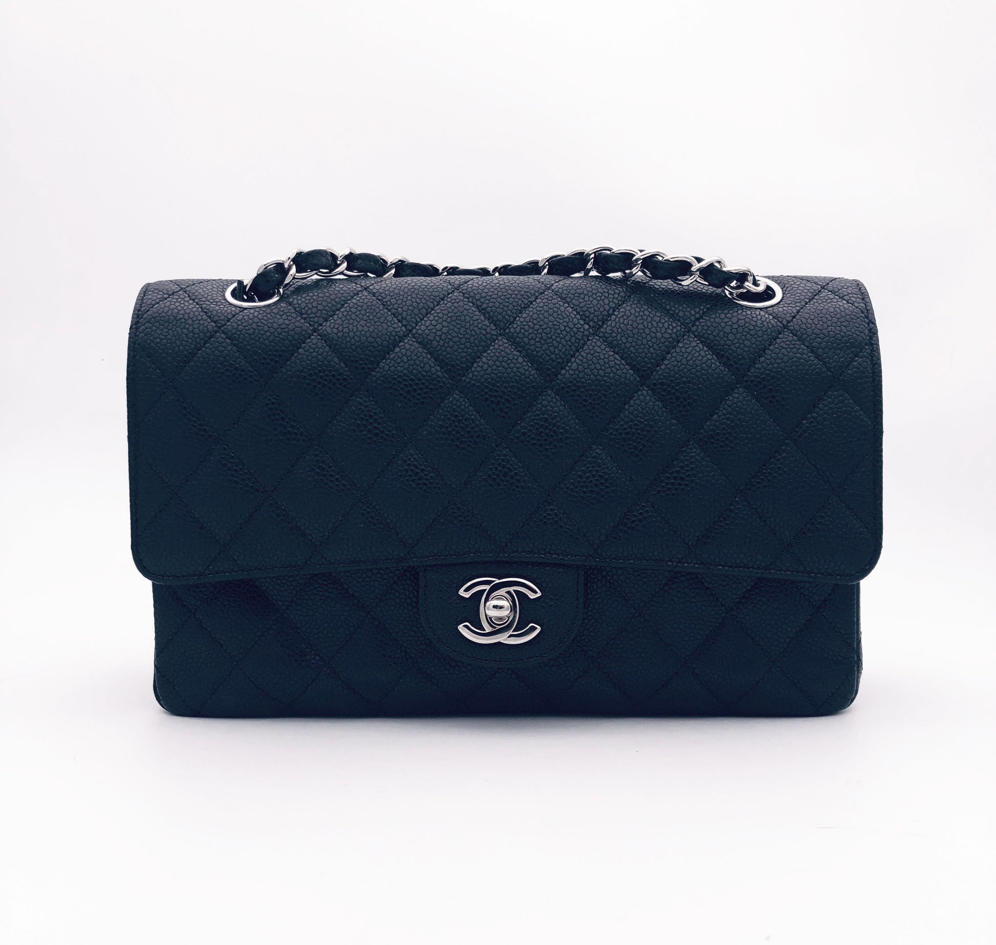 Sac Chanel Classique en cuir caviar noir & métal argenté - Soline