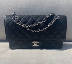 Sac Chanel Classique en cuir caviar noir & métal argenté - Soline