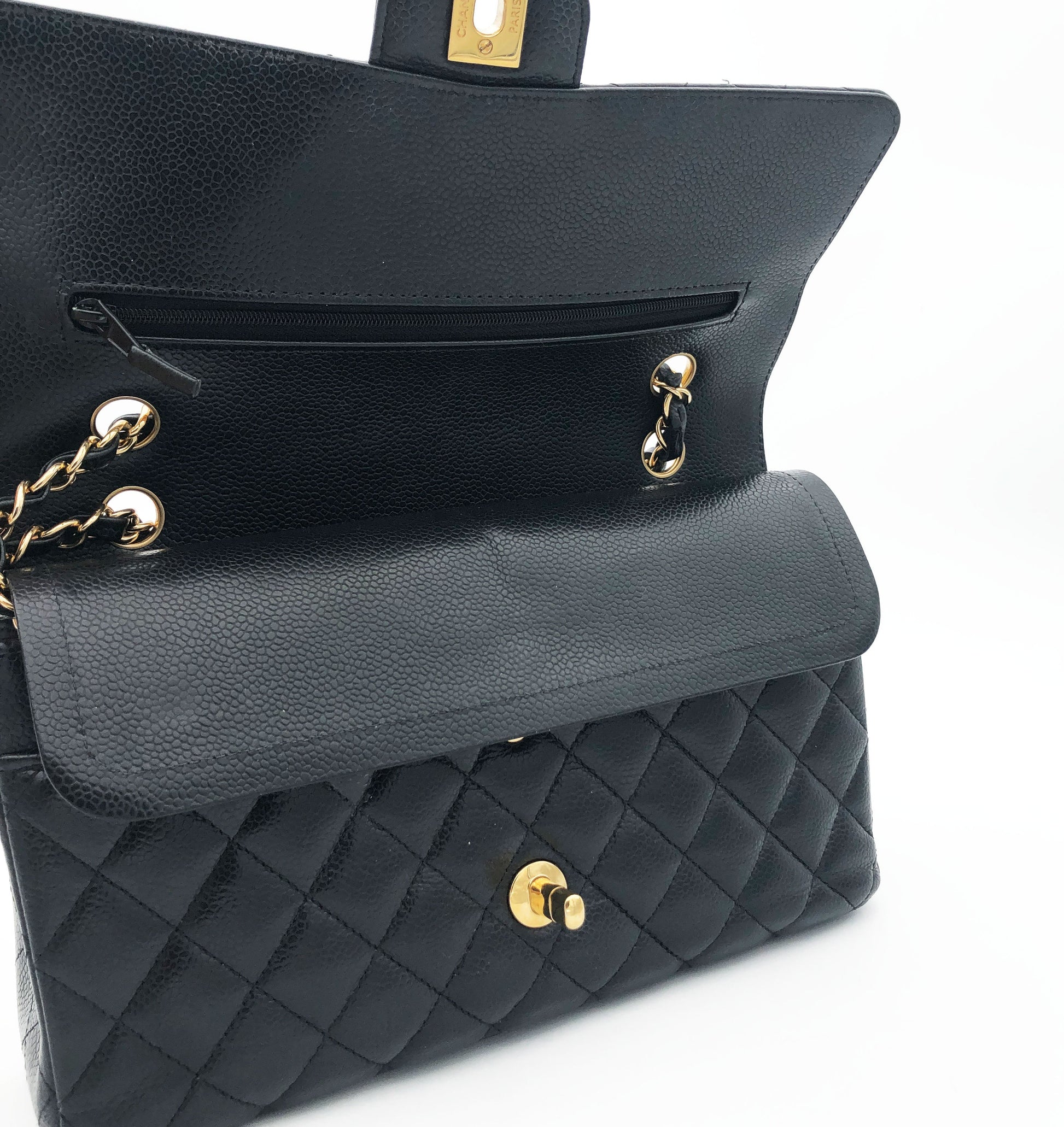 Sac Chanel Classique veau caviar noir & métal doré - Soline