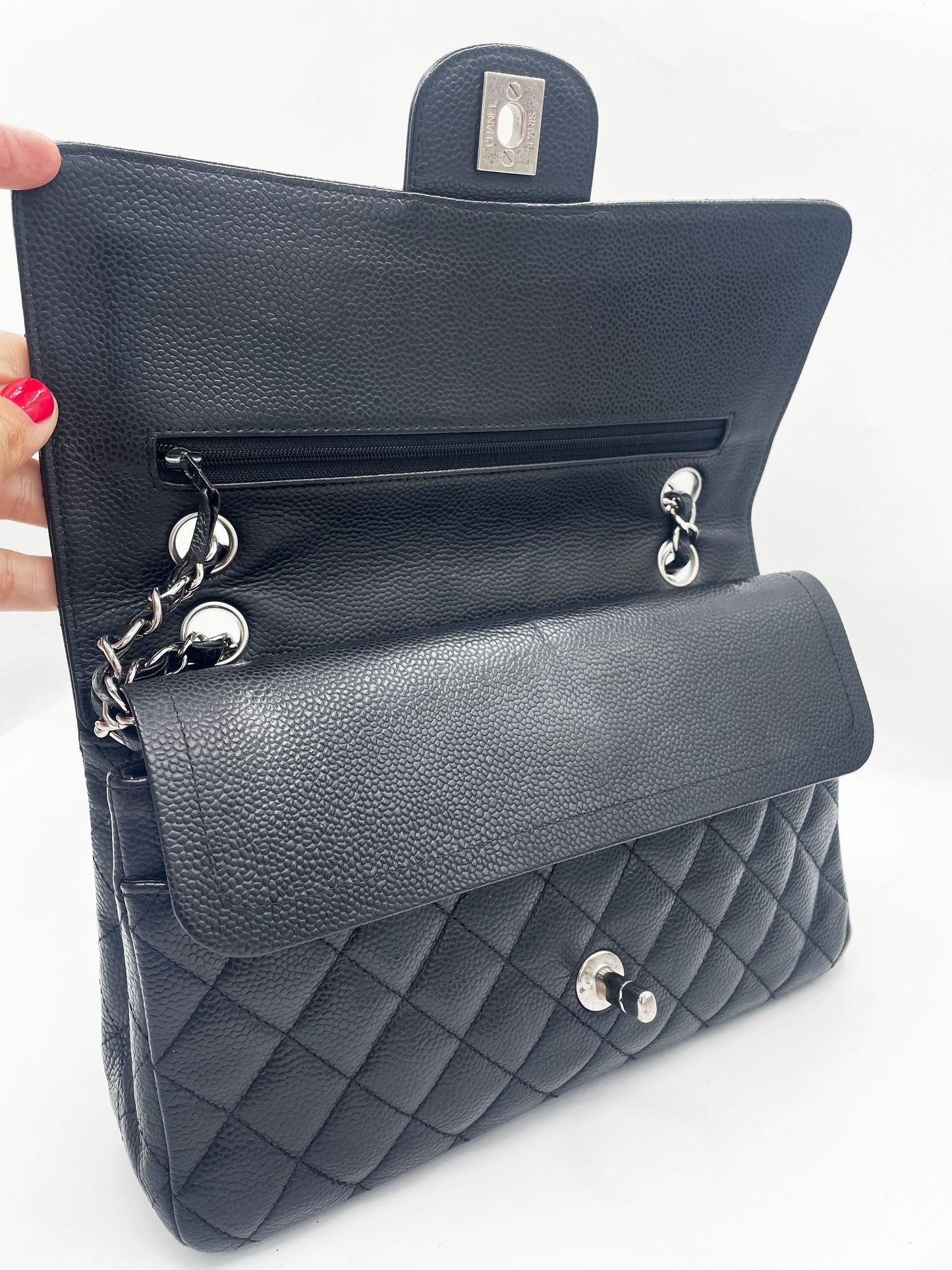 Sac Chanel Classique veau grainé & métal argenté noir - Soline