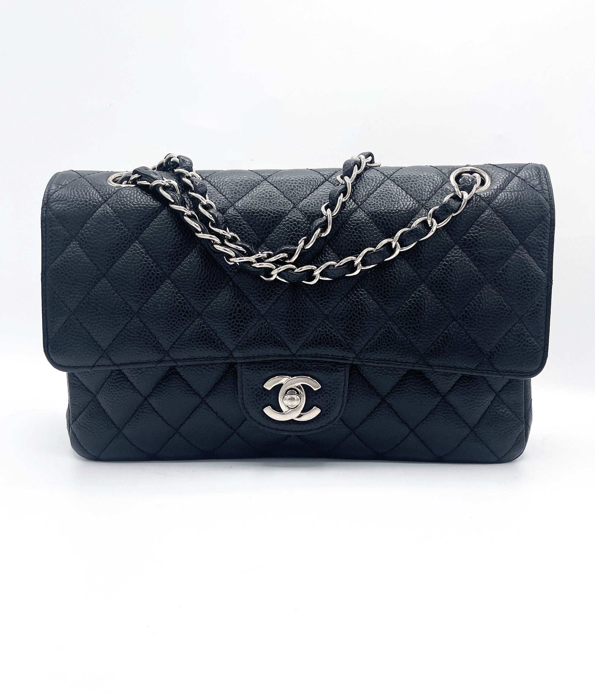 Sac Chanel Classique veau grainé & métal argenté noir - Soline