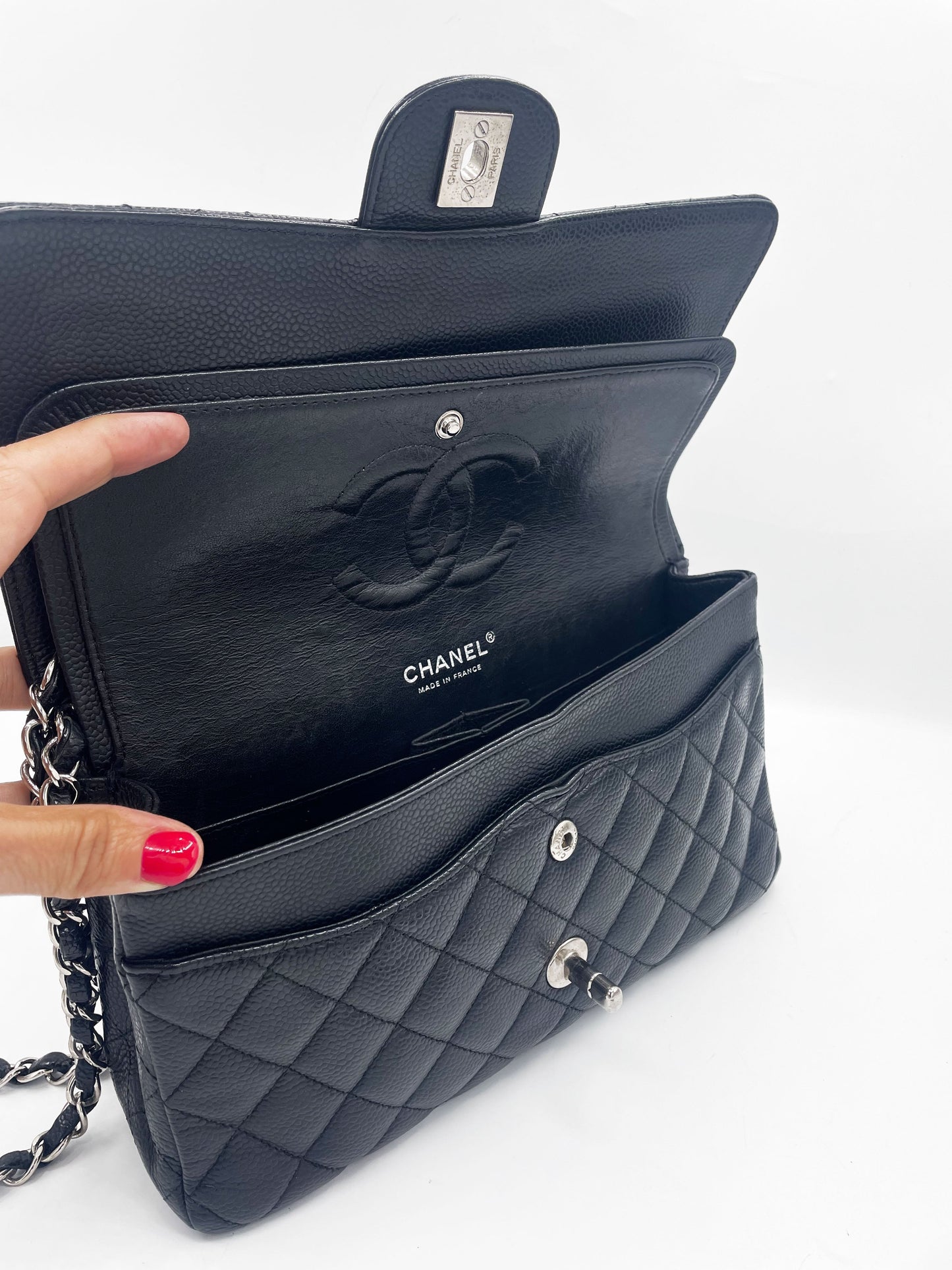 Sac Chanel Classique veau grainé & métal argenté noir - Soline