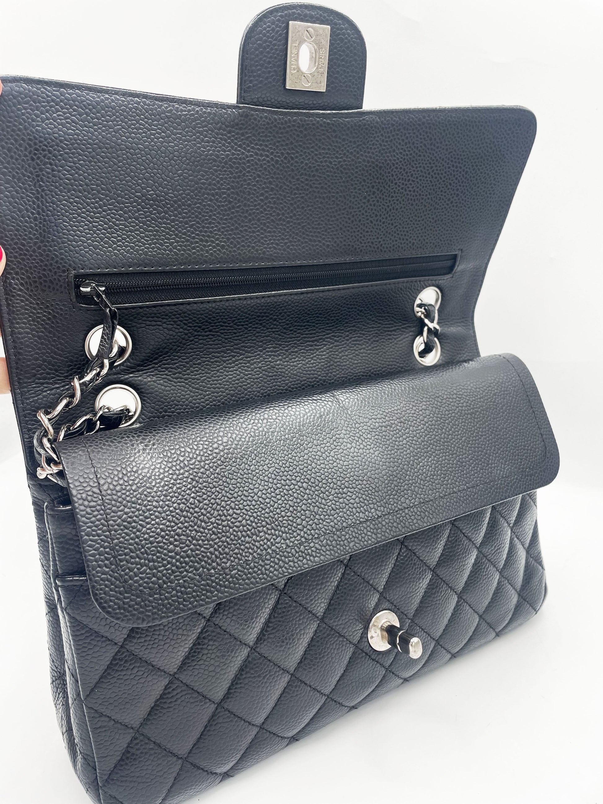 Sac Chanel Classique veau grainé & métal argenté noir - Soline