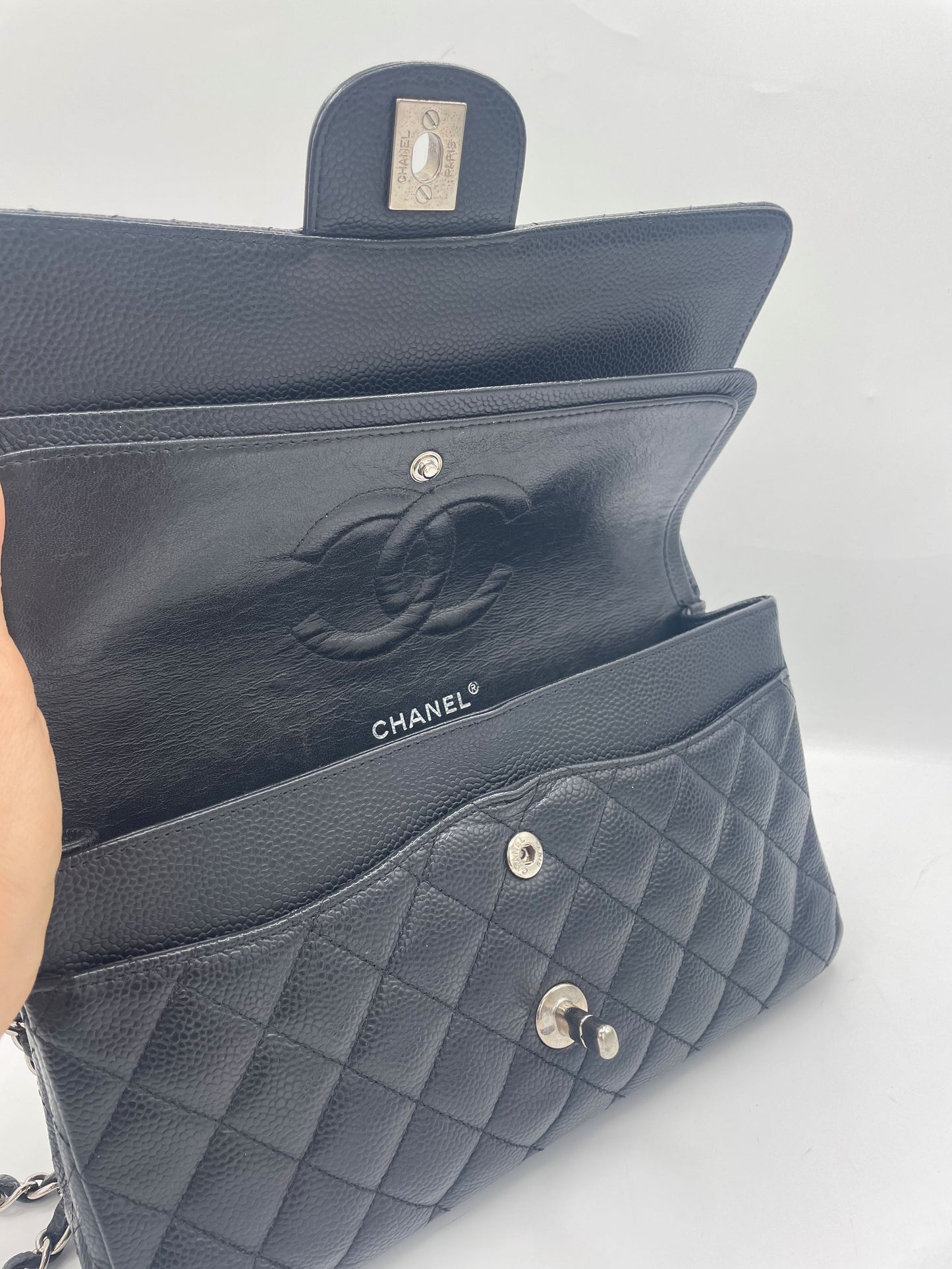 Sac Chanel Classique veau grainé & métal argenté noir - Soline
