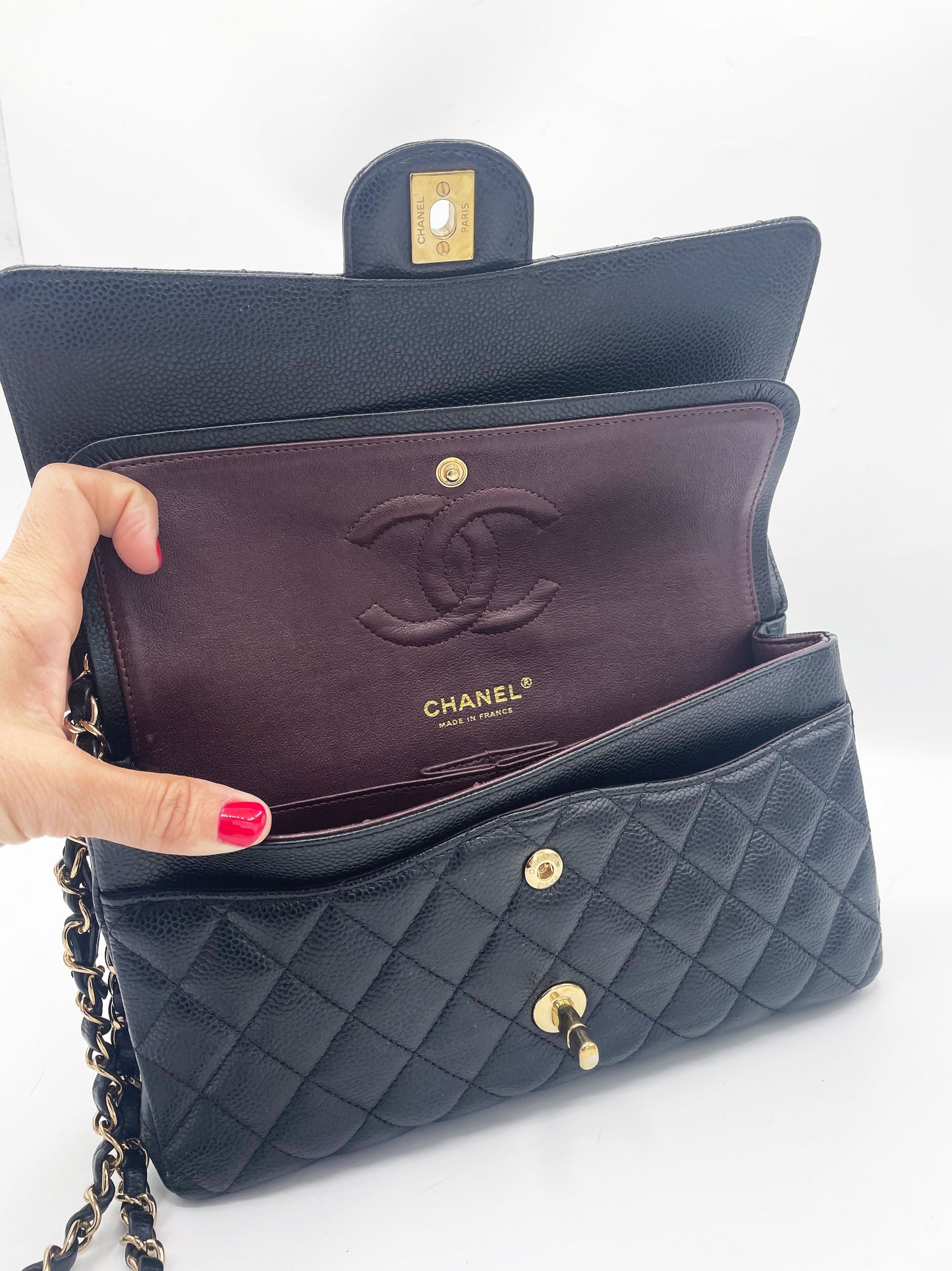Sac Chanel Classique veau grainé & métal doré noir - Soline