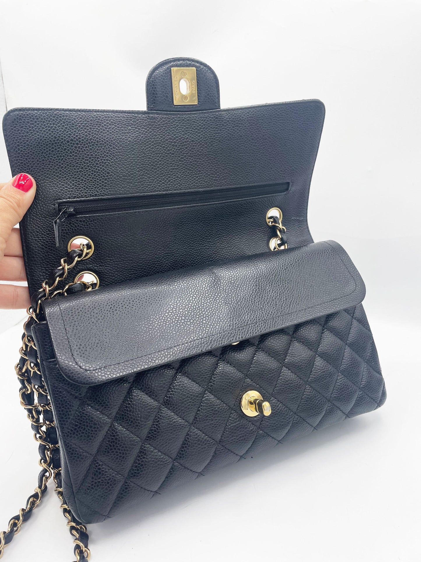 Sac Chanel Classique veau grainé & métal doré noir - Soline