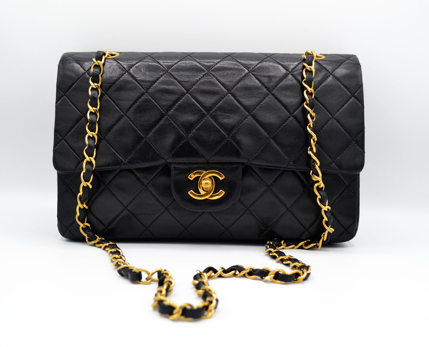 Sac Classique Médium double rabat 25 cm en cuir Noir - Soline