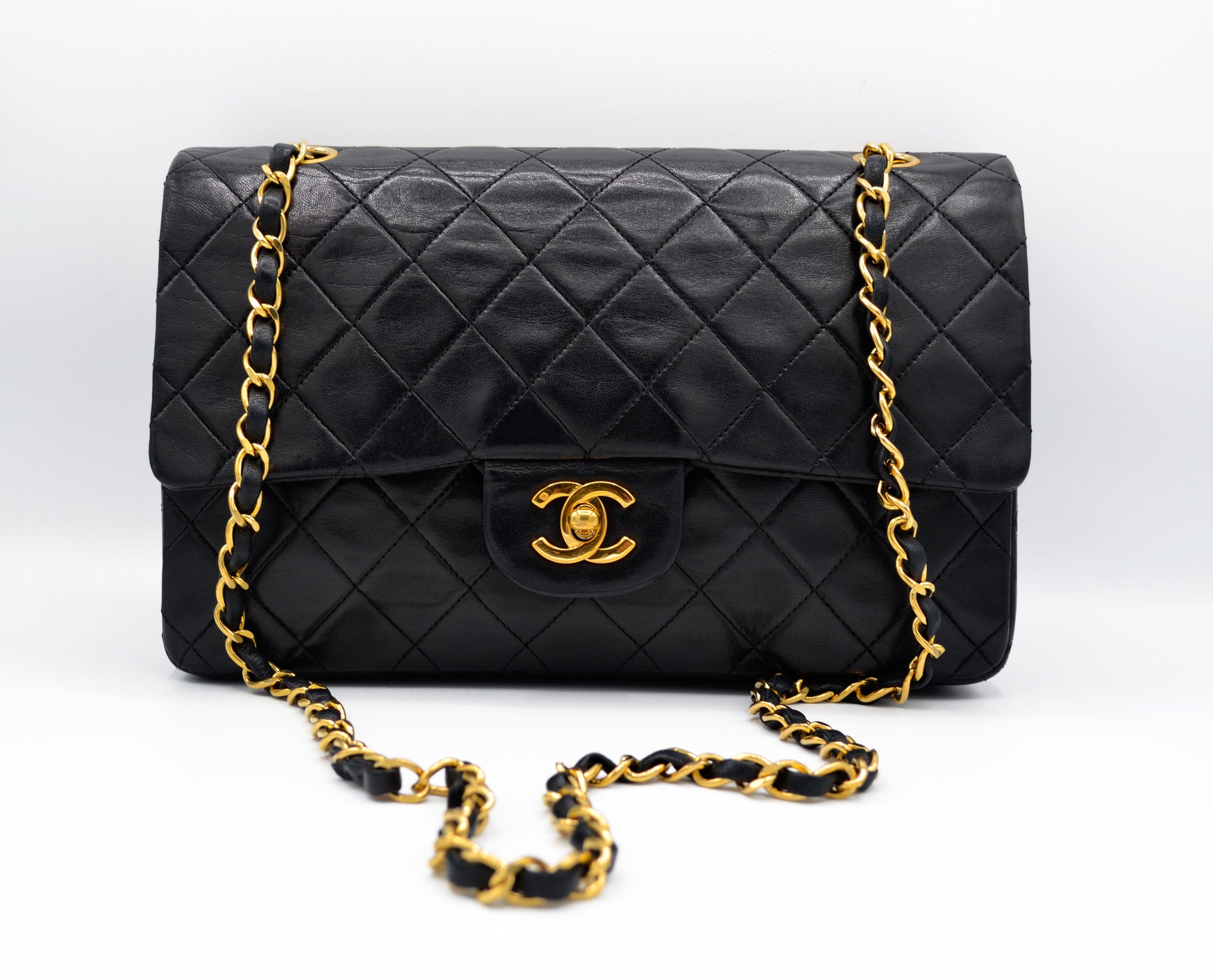 Sac Classique Médium double rabat 25 cm en cuir Noir - Soline
