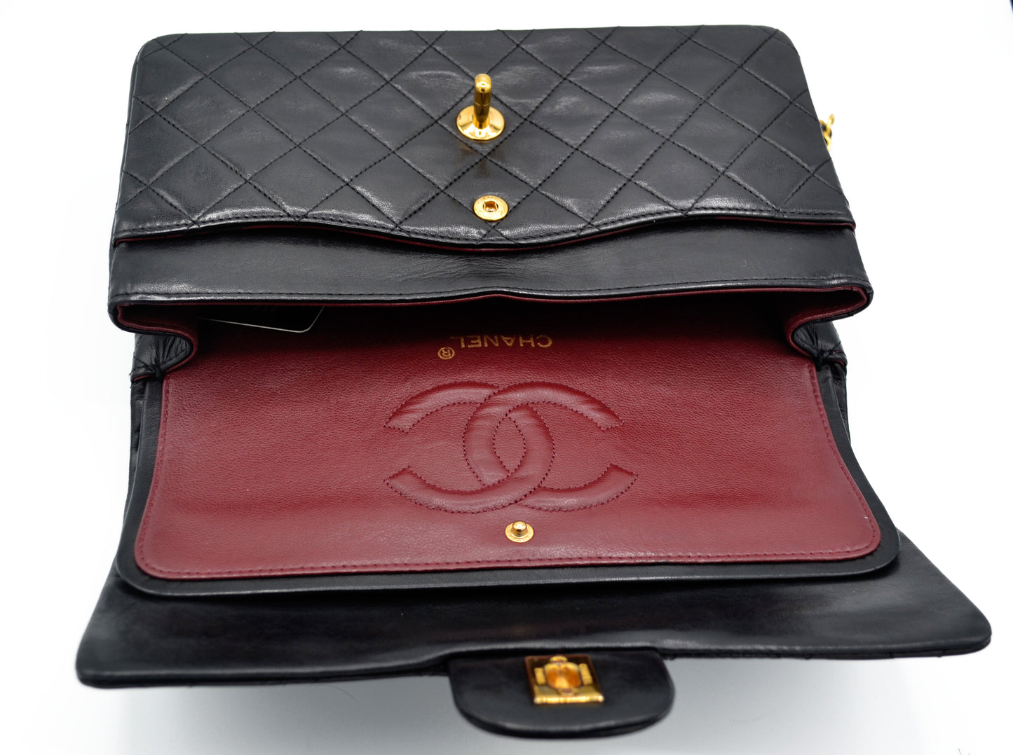 Sac Classique Médium double rabat 25 cm en cuir Noir - Soline