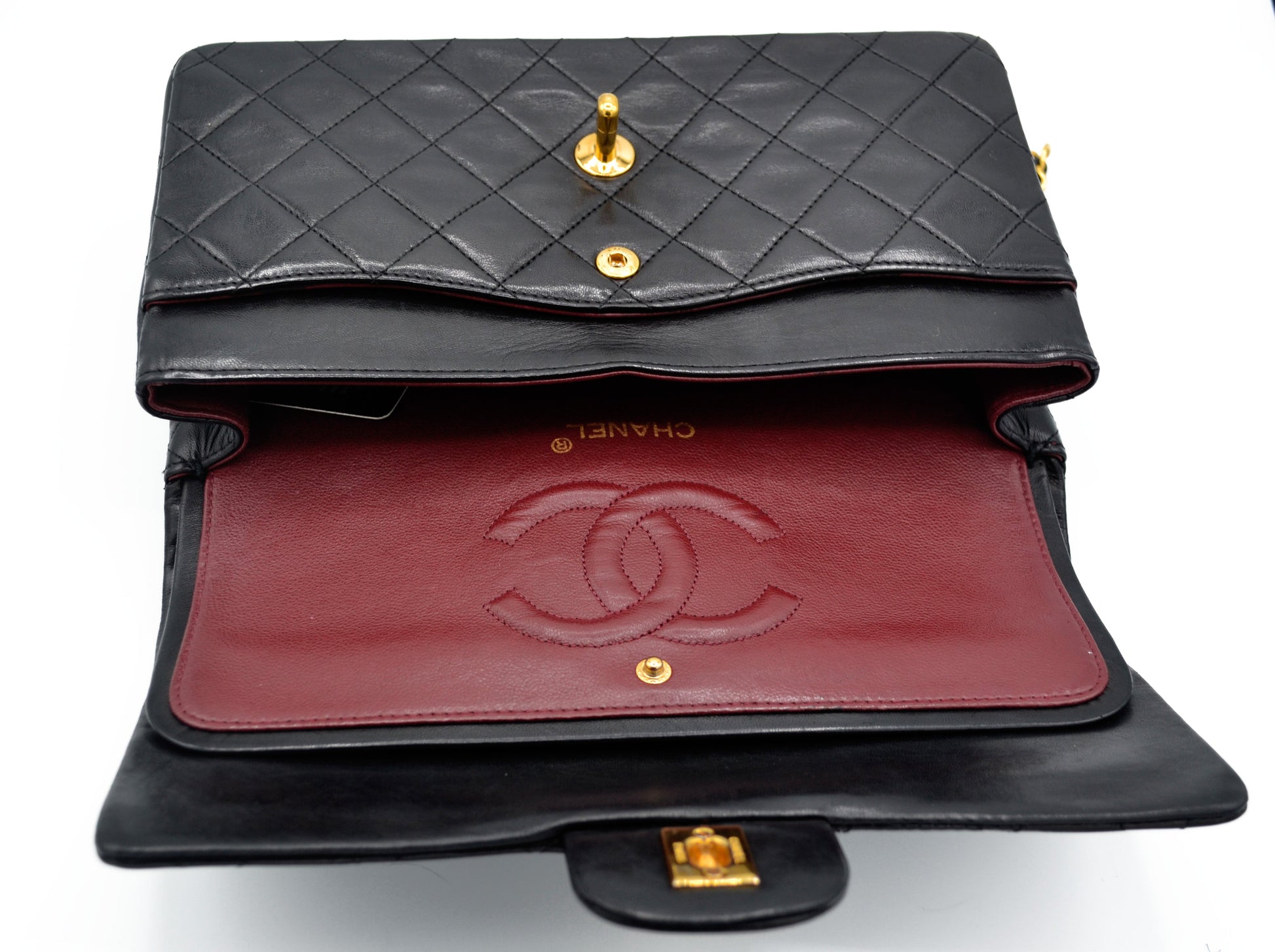 Sac Classique Médium double rabat 25 cm en cuir Noir - Soline