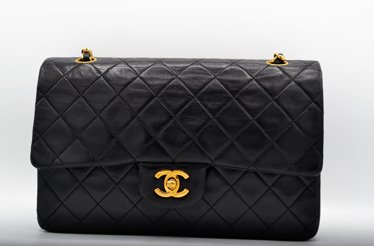 Sac Classique Médium double rabat 25 cm en cuir Noir - Soline