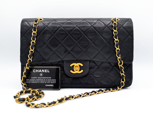 Sac Classique Médium double rabat 25 cm en cuir Noir - Soline