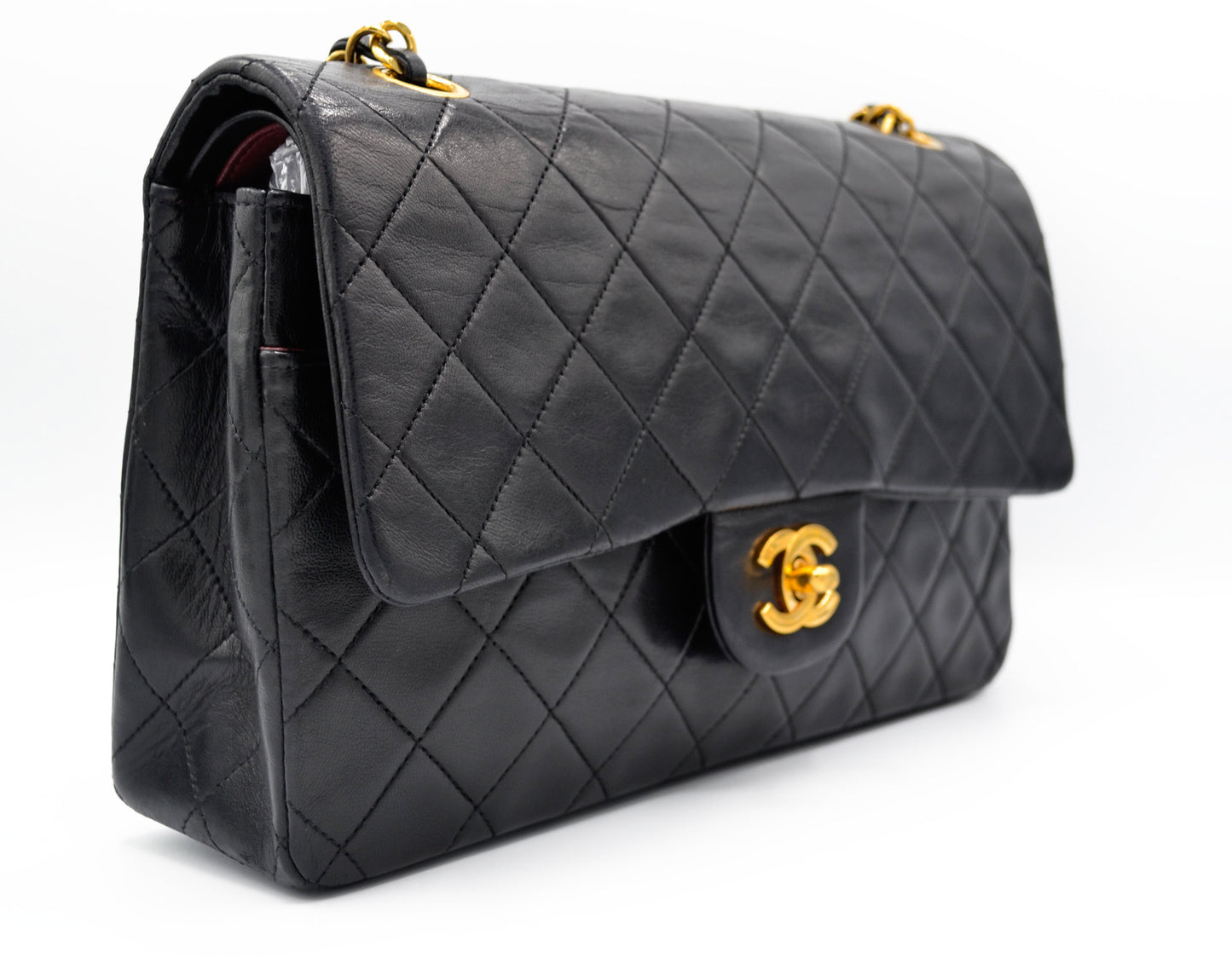 Sac Classique Médium double rabat 25 cm en cuir Noir - Soline