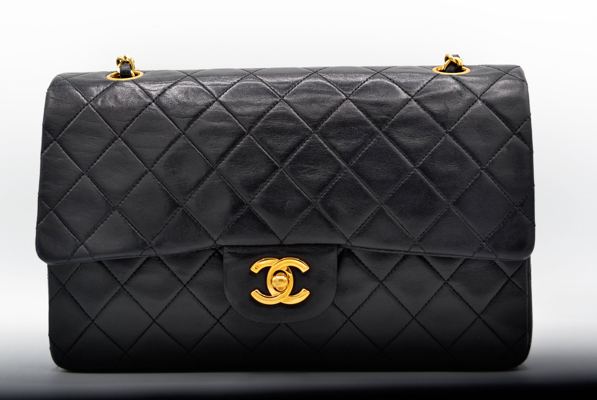Sac Classique Médium double rabat 25 cm en cuir Noir - Soline