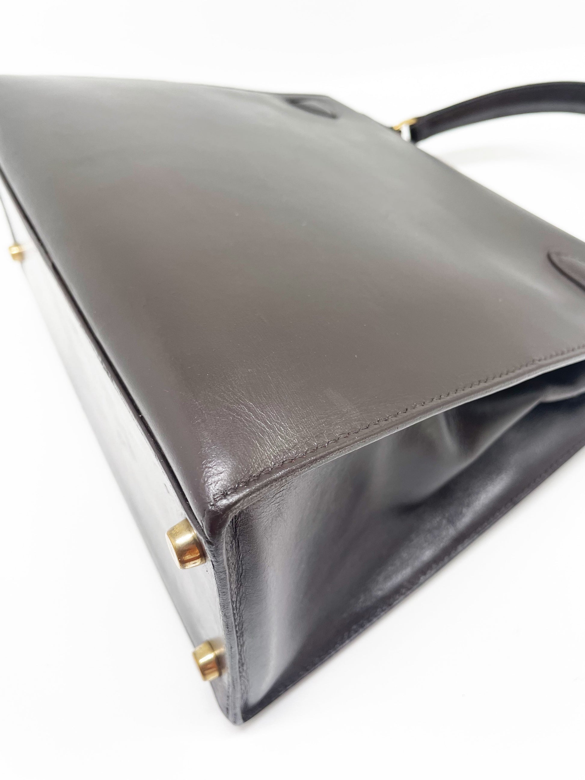 Sac Hermès Kelly 28 SELLIER chocolat en cuir box - Soline