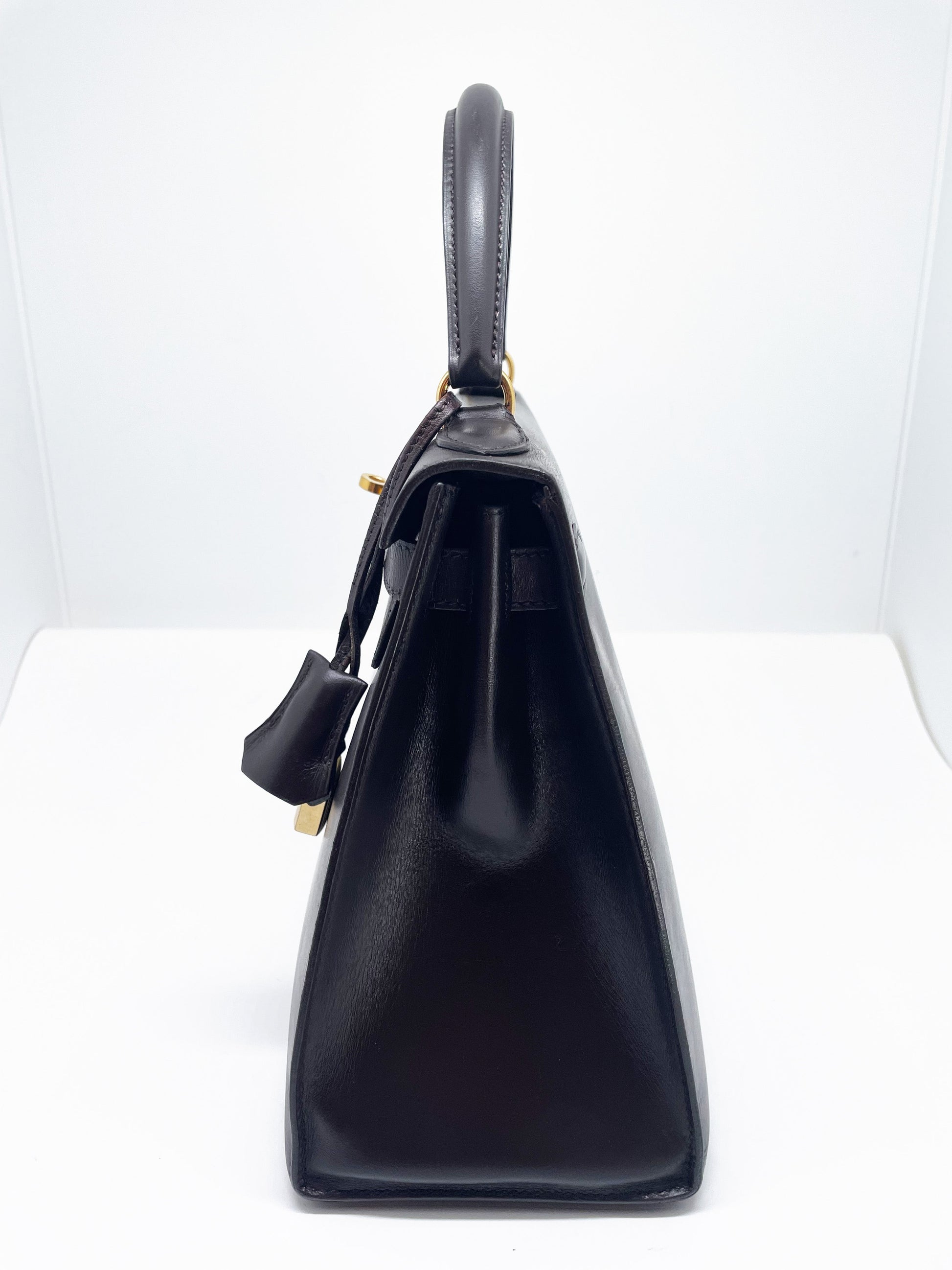 Sac Hermès Kelly 28 SELLIER chocolat en cuir box - Soline