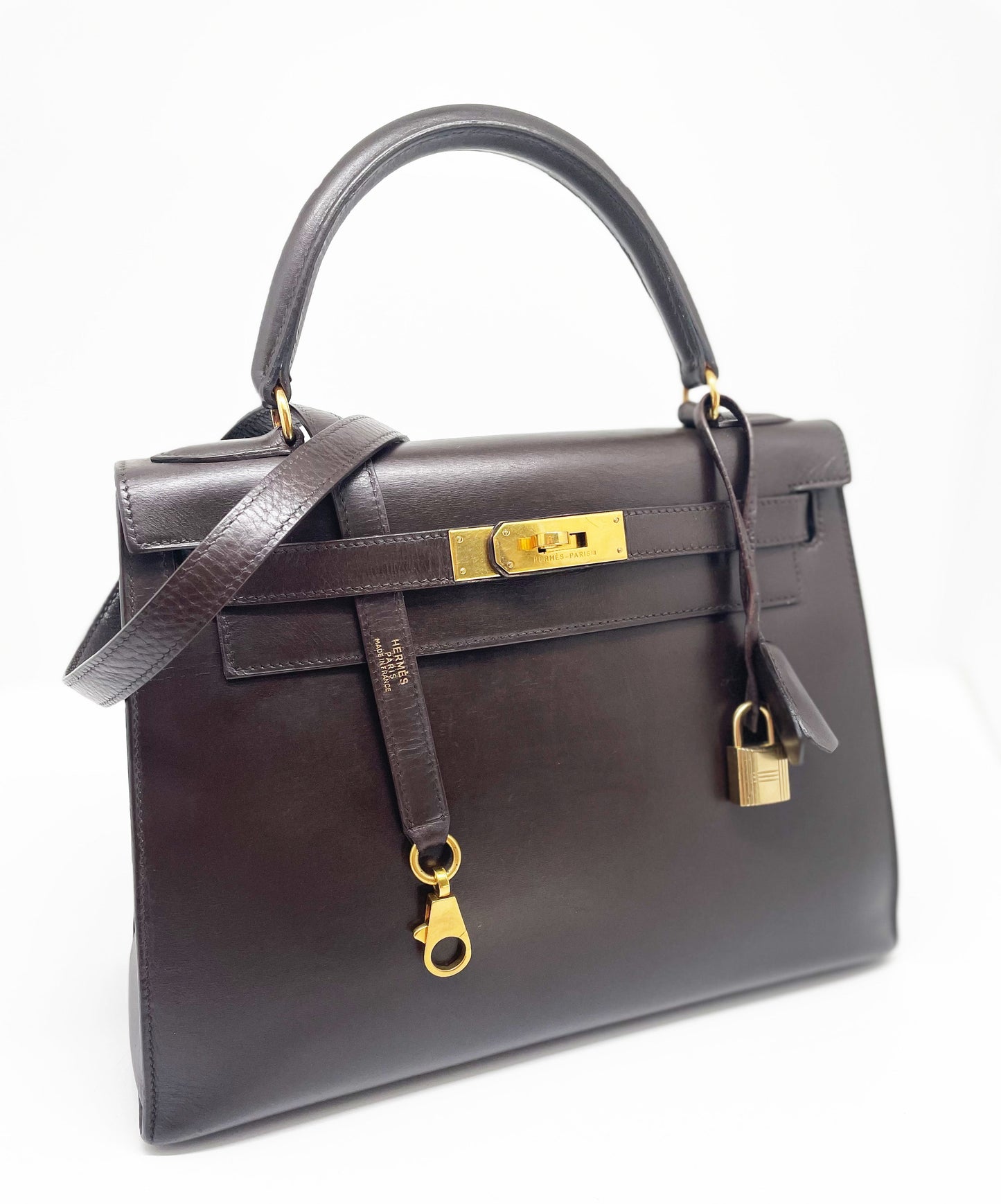 Sac Hermès Kelly 28 SELLIER chocolat en cuir box - Soline