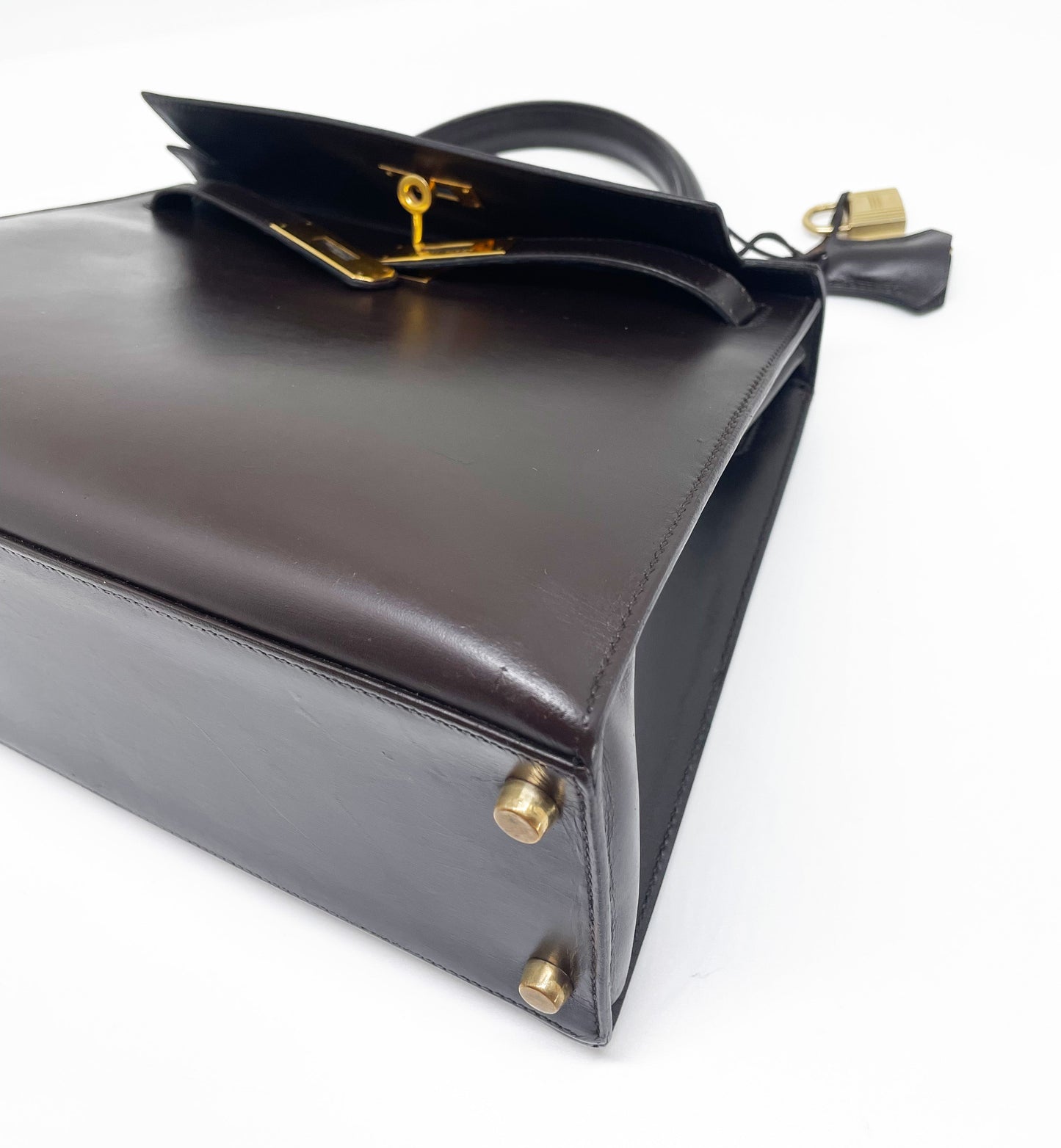 Sac Hermès Kelly 28 SELLIER chocolat en cuir box - Soline