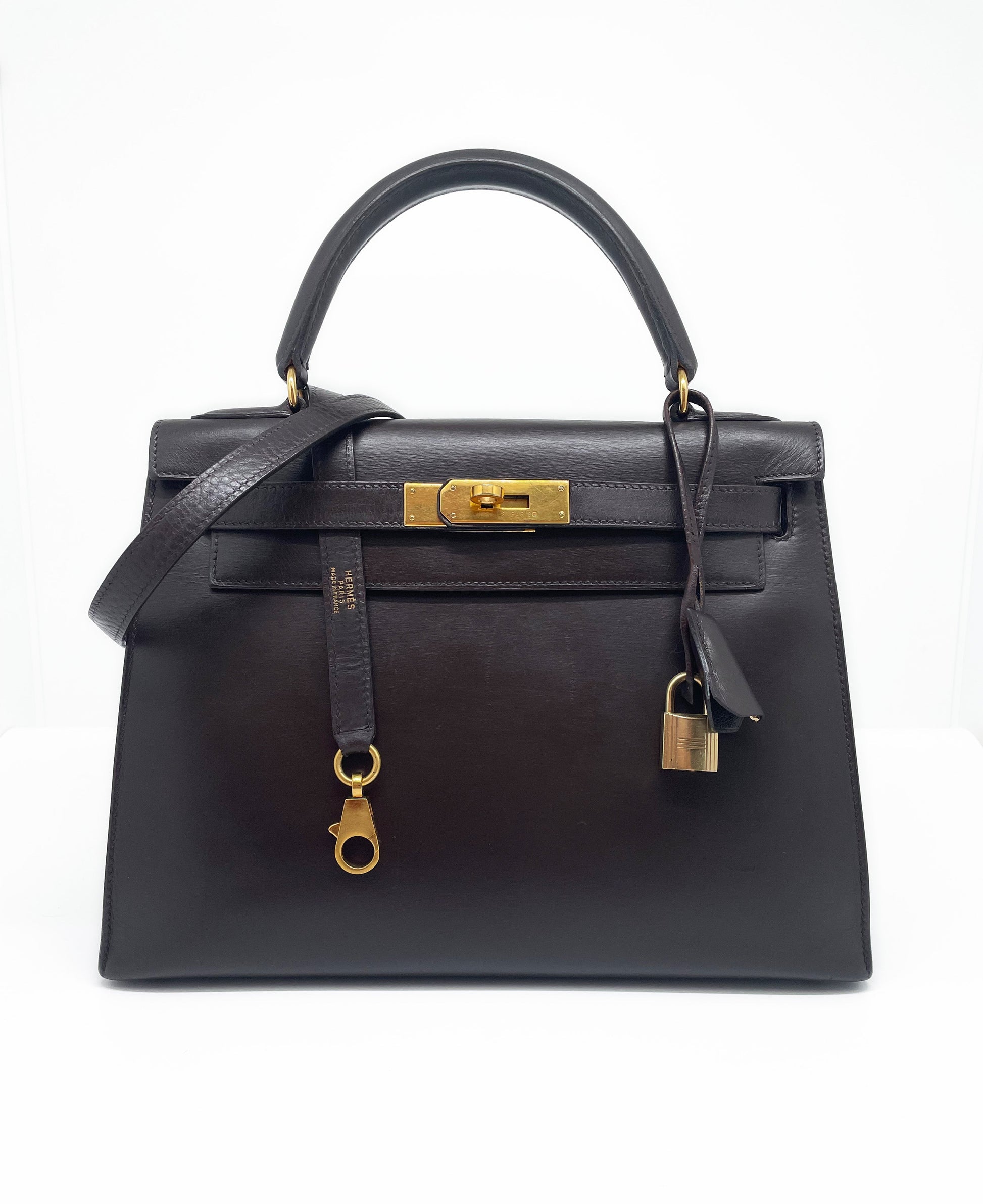 Sac Hermès Kelly 28 SELLIER chocolat en cuir box - Soline