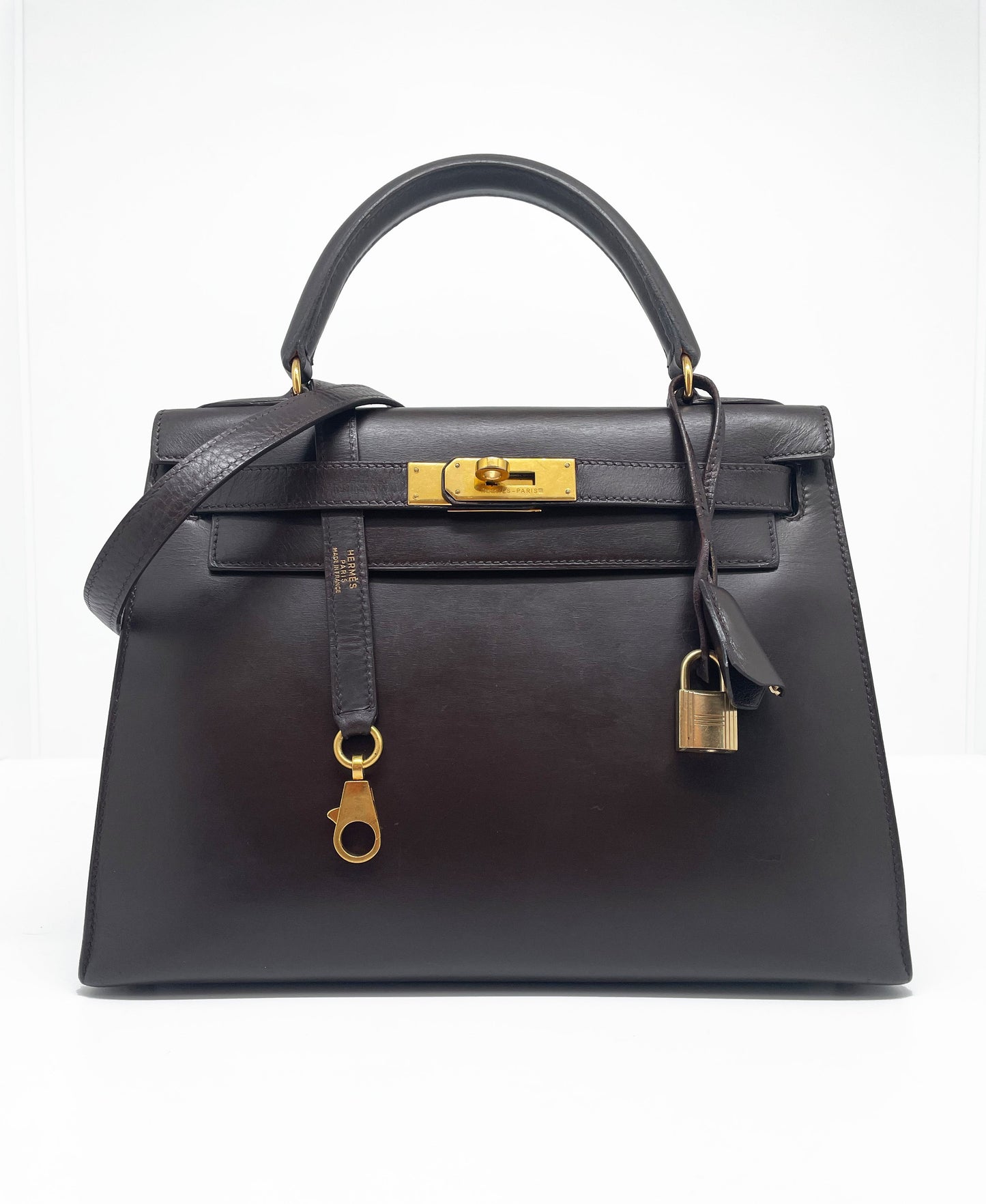 Sac Hermès Kelly 28 SELLIER chocolat en cuir box - Soline