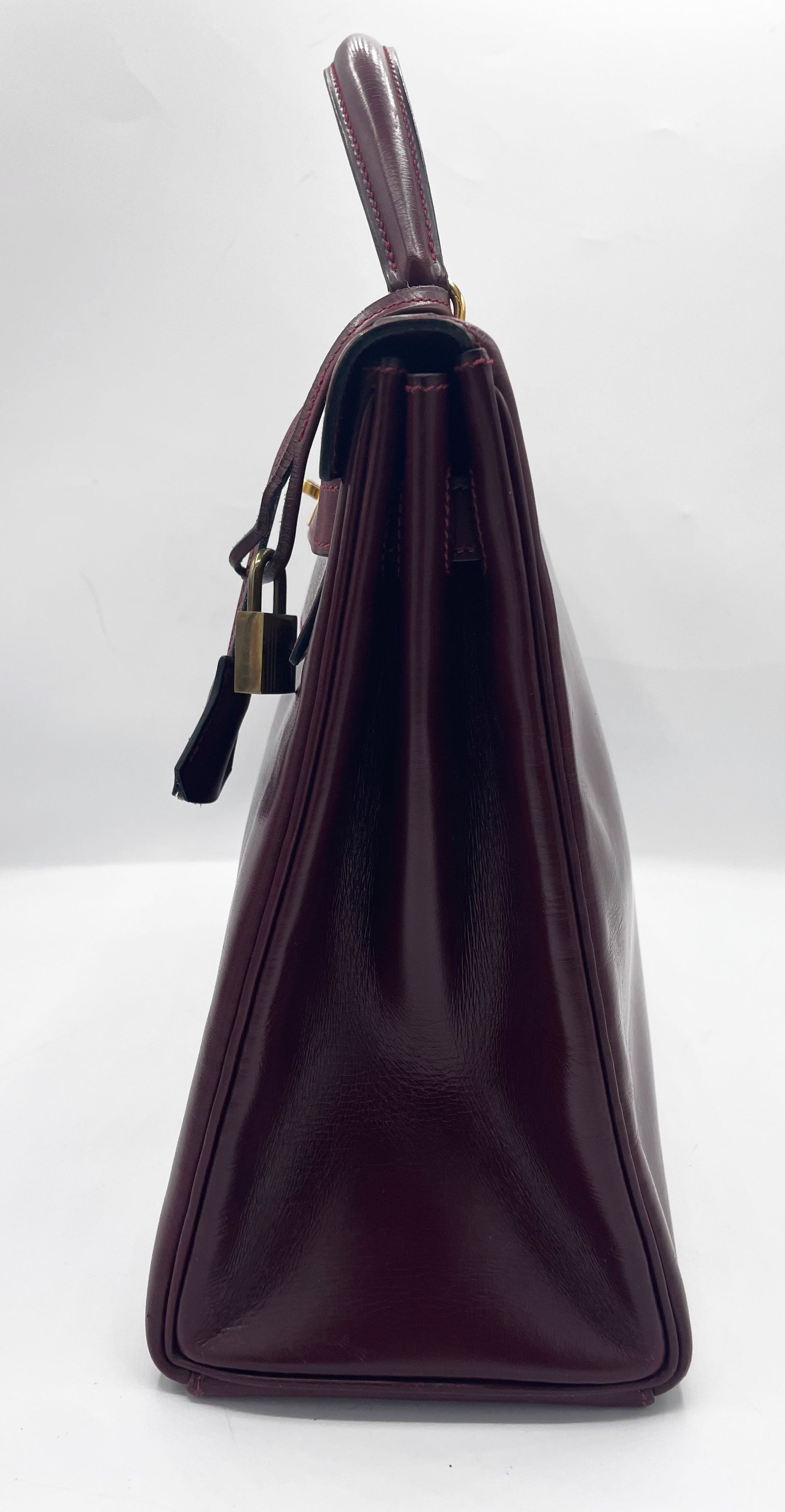 Sac Hermès Kelly 32 en cuir de box bordeaux - Soline