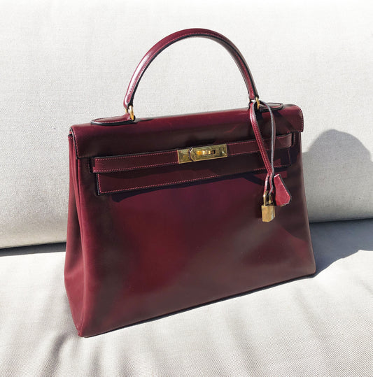 Sac Hermès Kelly 32 en cuir de box bordeaux - Soline
