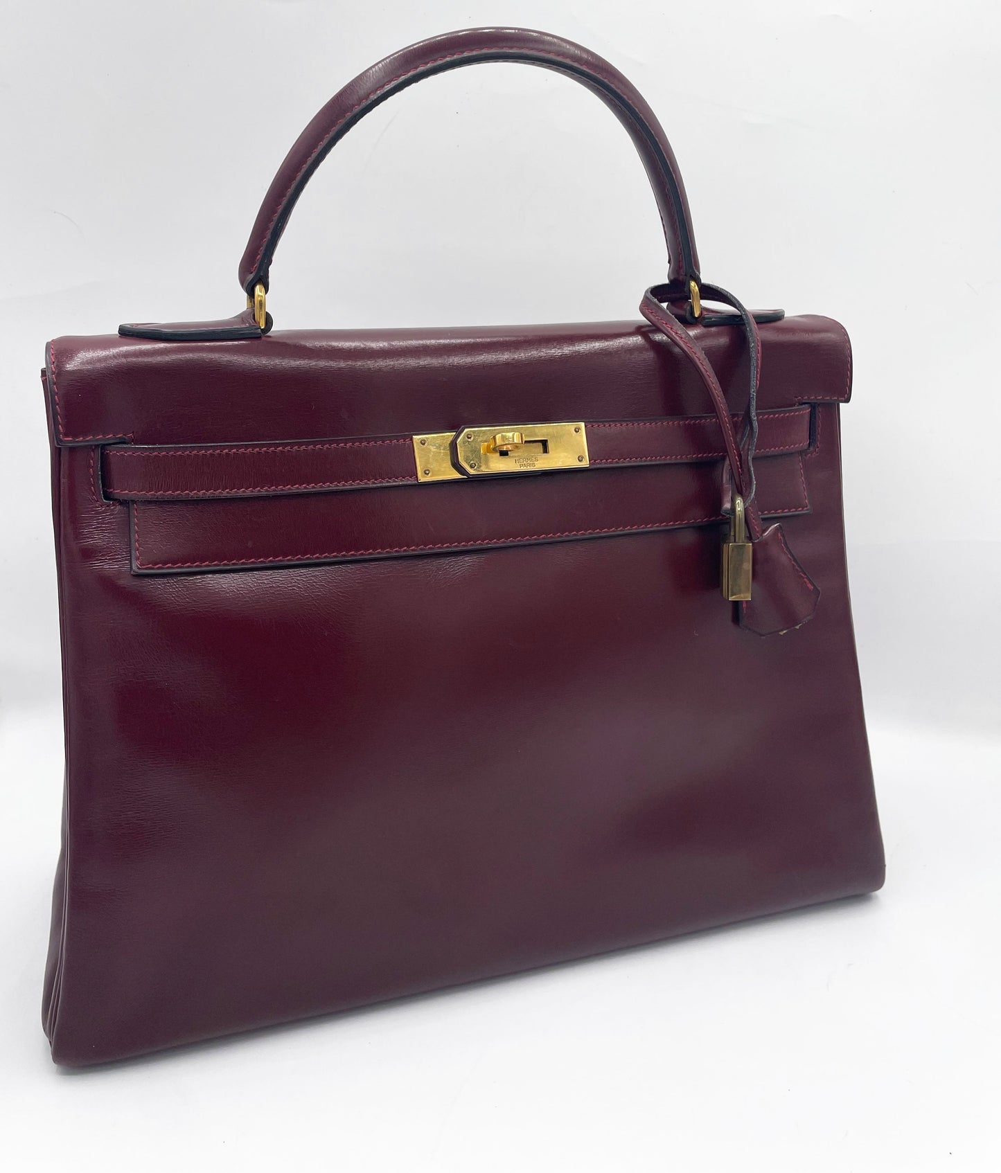Sac Hermès Kelly 32 en cuir de box bordeaux - Soline