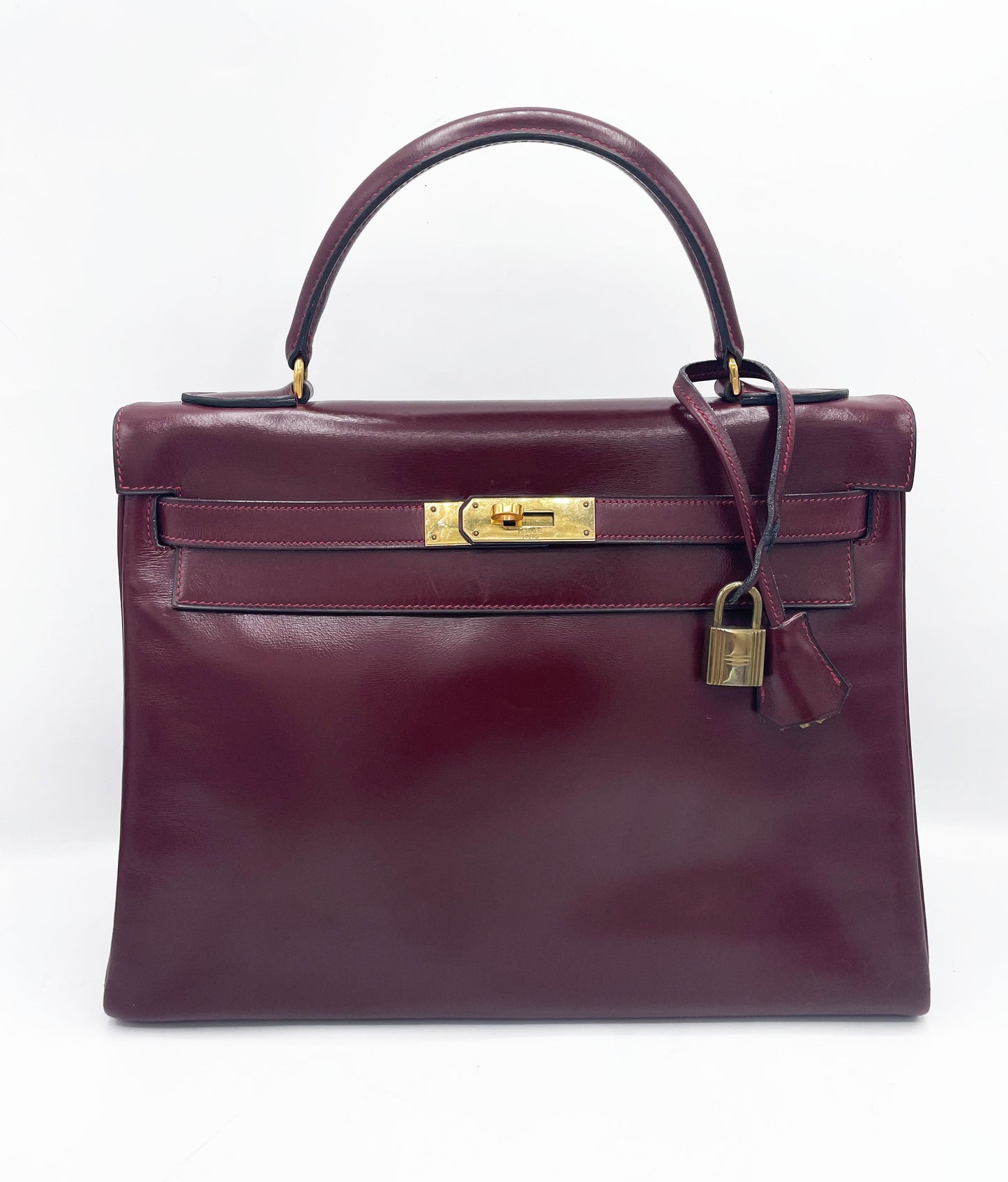 Sac Hermès Kelly 32 en cuir de box bordeaux - Soline