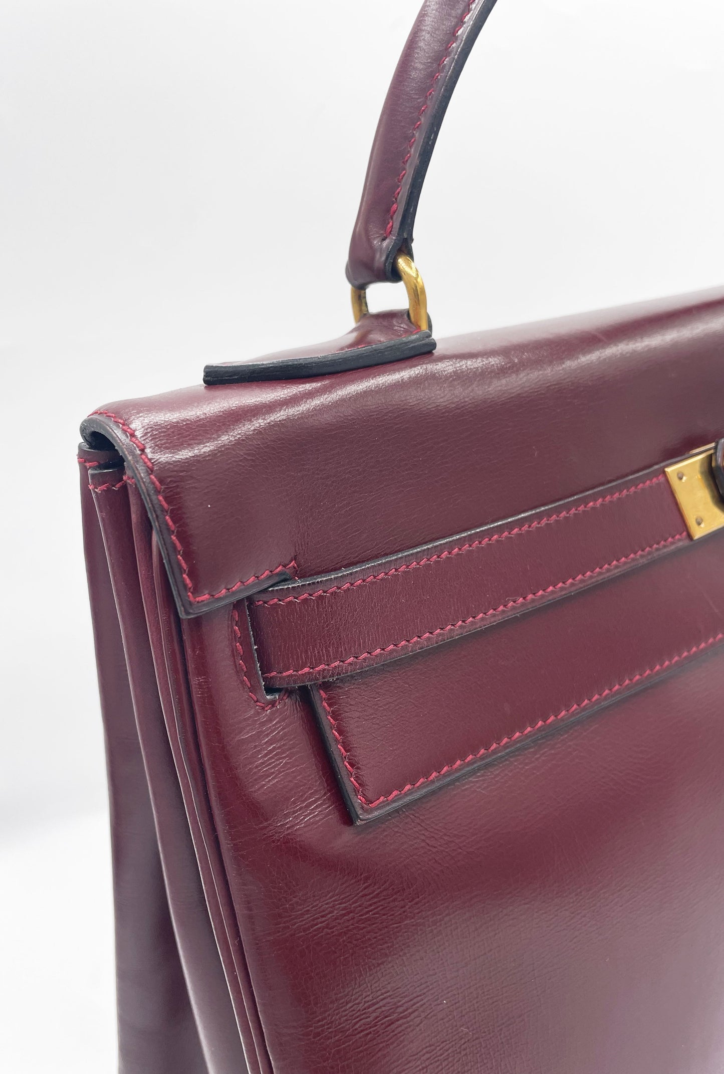 Sac Hermès Kelly 32 en cuir de box bordeaux - Soline