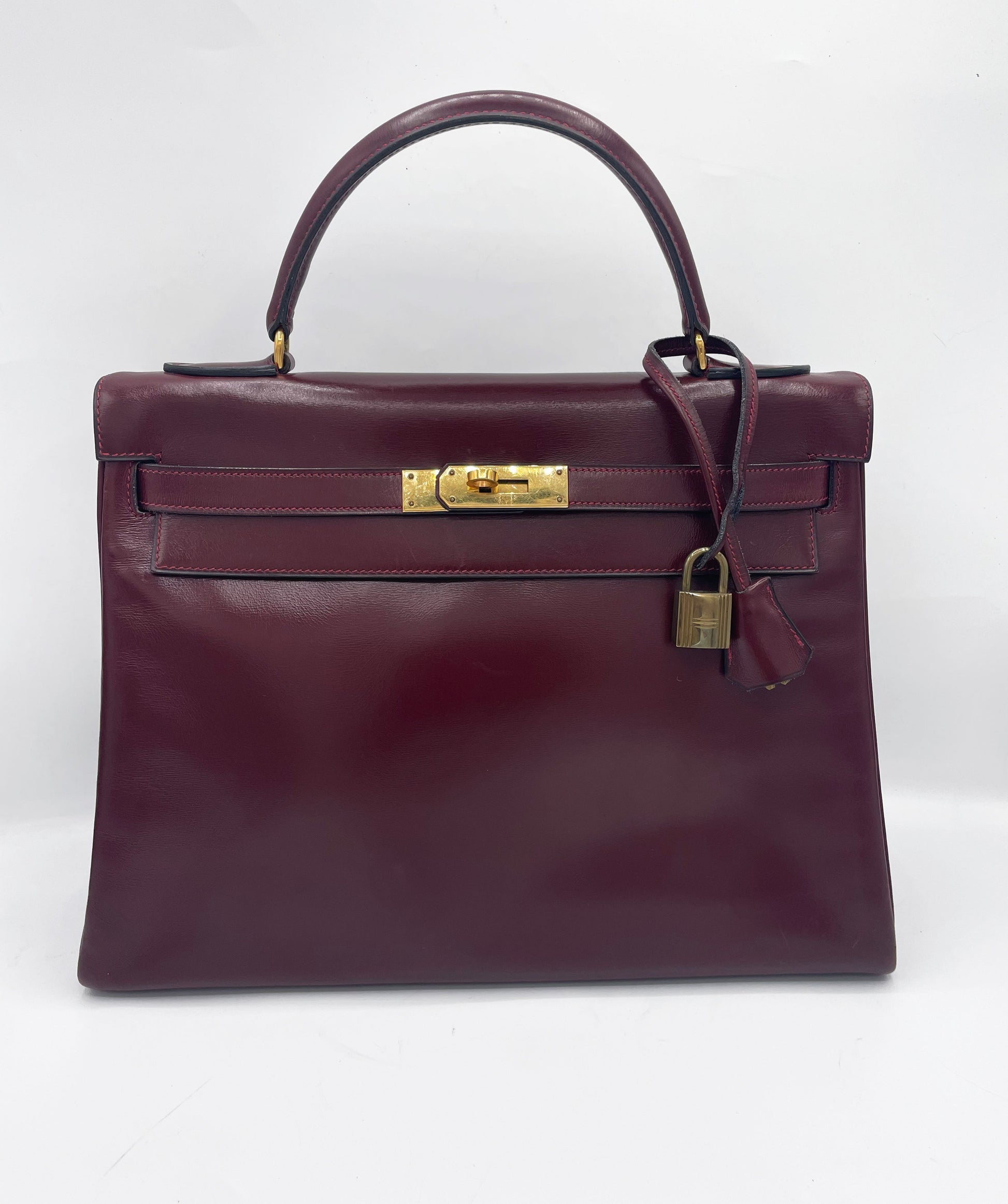 Sac Hermès Kelly 32 en cuir de box bordeaux - Soline