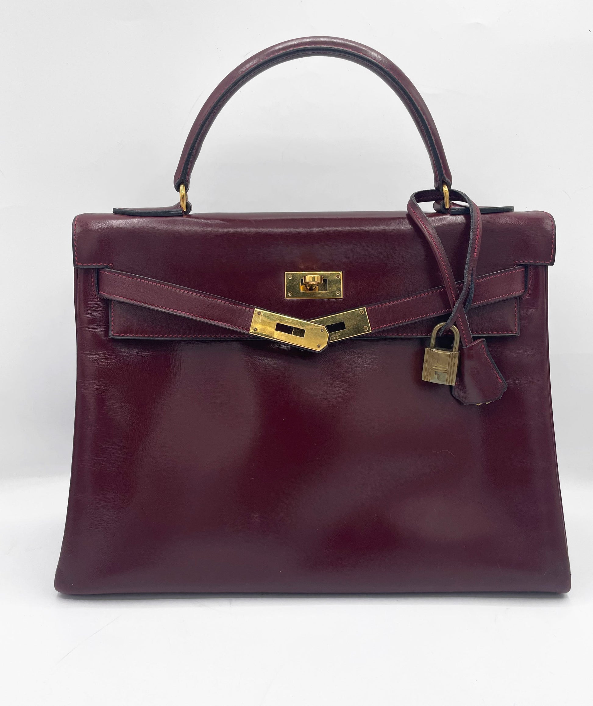 Sac Hermès Kelly 32 en cuir de box bordeaux - Soline