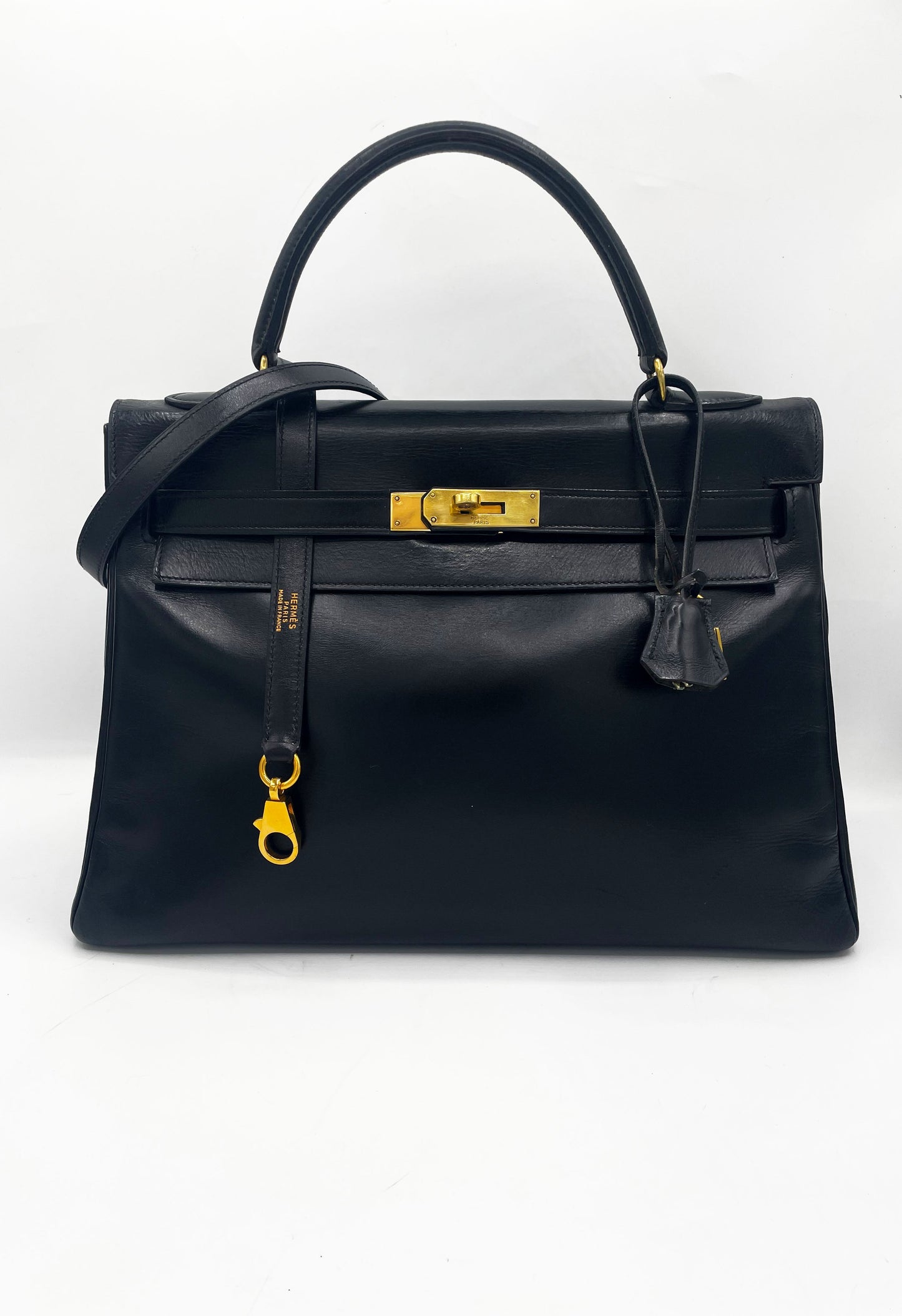 Sac Hermès Kelly 32 en cuir de box noir - Soline