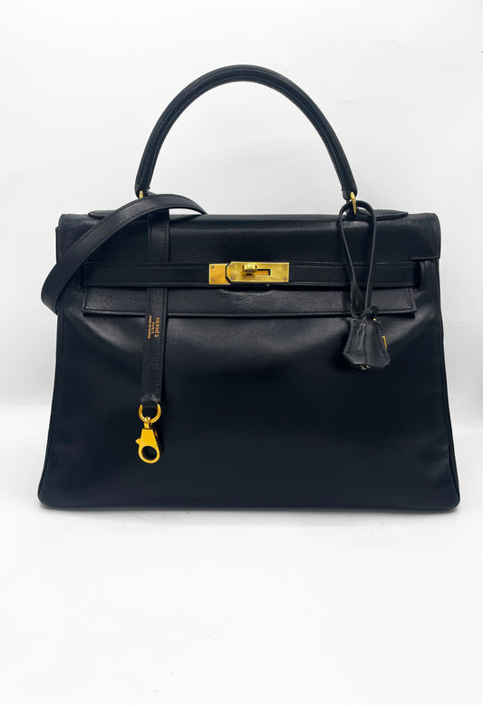 Sac Hermès Kelly 32 en cuir de box noir - Soline
