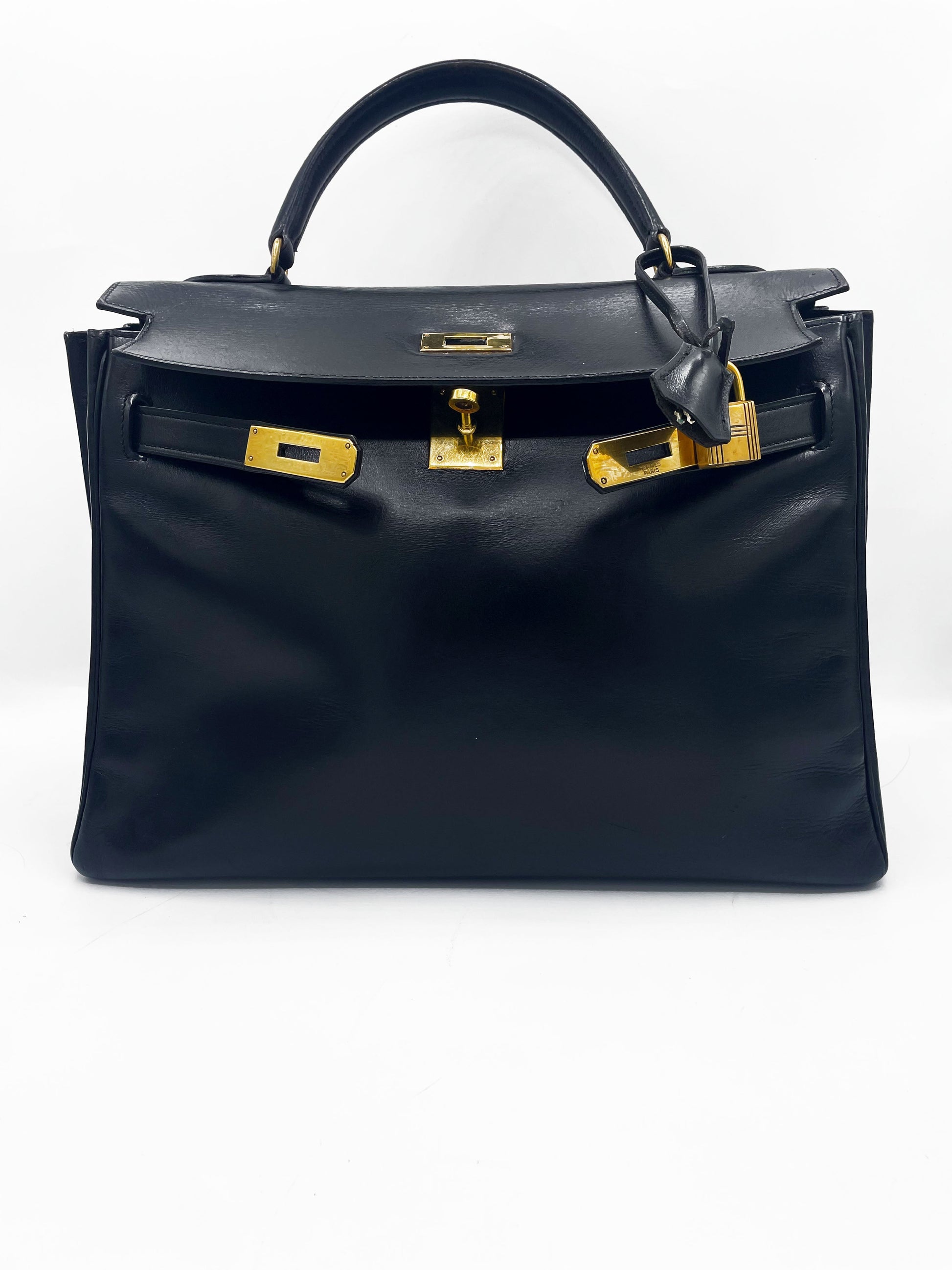 Sac Hermès Kelly 32 en cuir de box noir - Soline