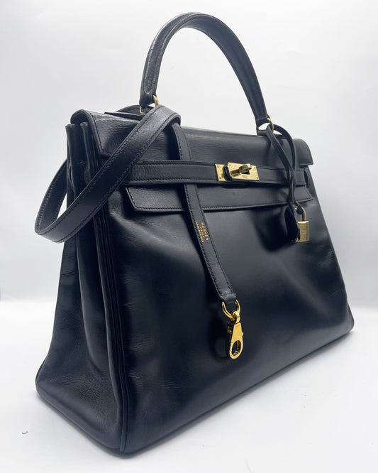 Sac Hermès Kelly 32 en cuir de box noir - Soline