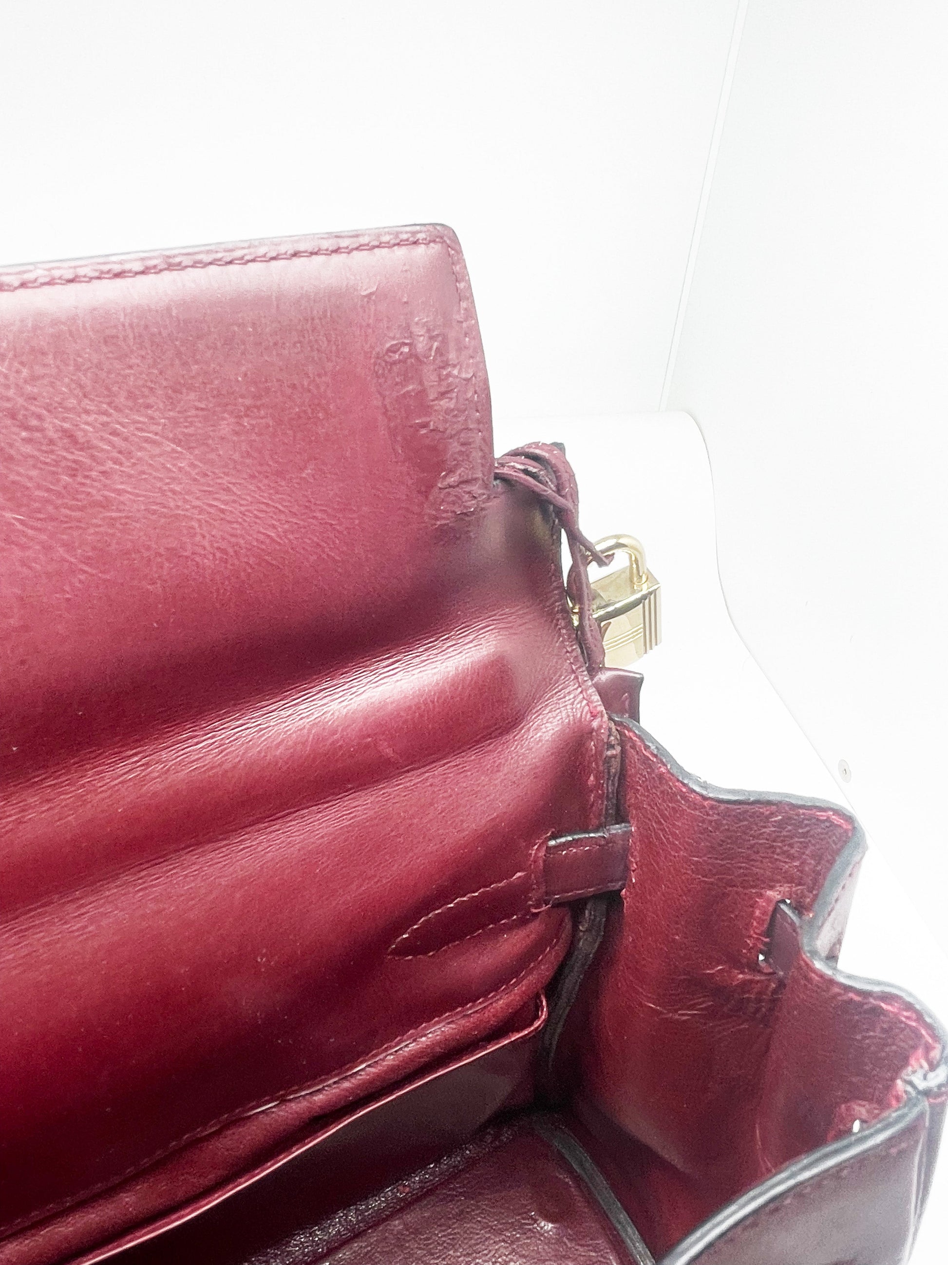 Sac Hermès Kelly retourné en cuir de box 32 cm Bordeaux - Soline
