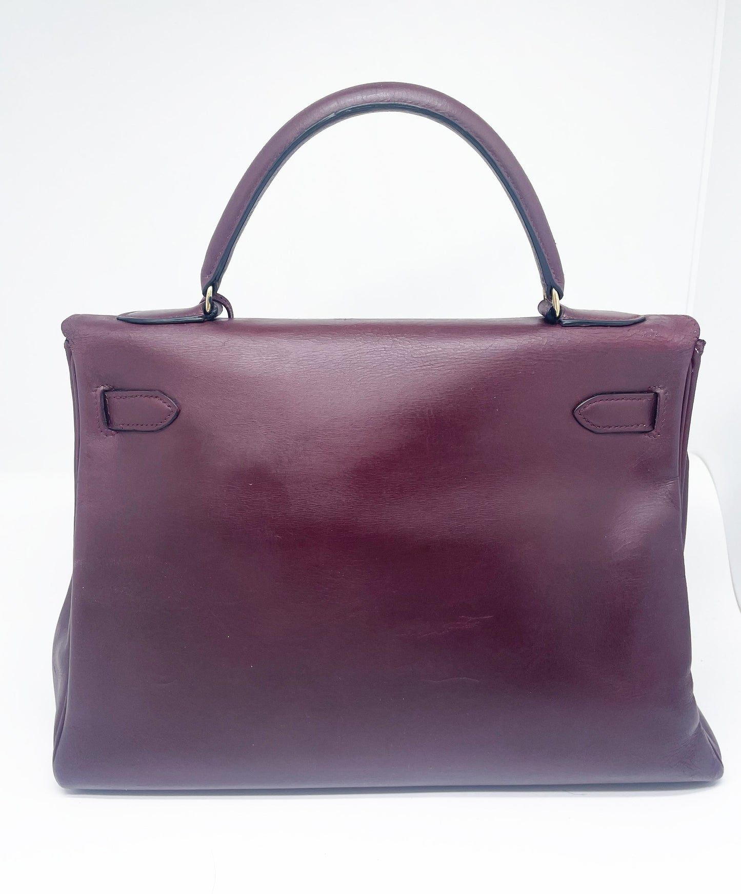 Sac Hermès Kelly retourné en cuir de box 32 cm Bordeaux - Soline