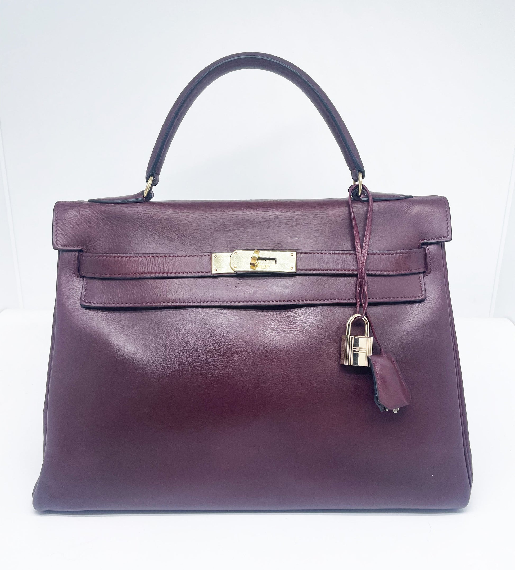 Sac Hermès Kelly retourné en cuir de box 32 cm Bordeaux - Soline